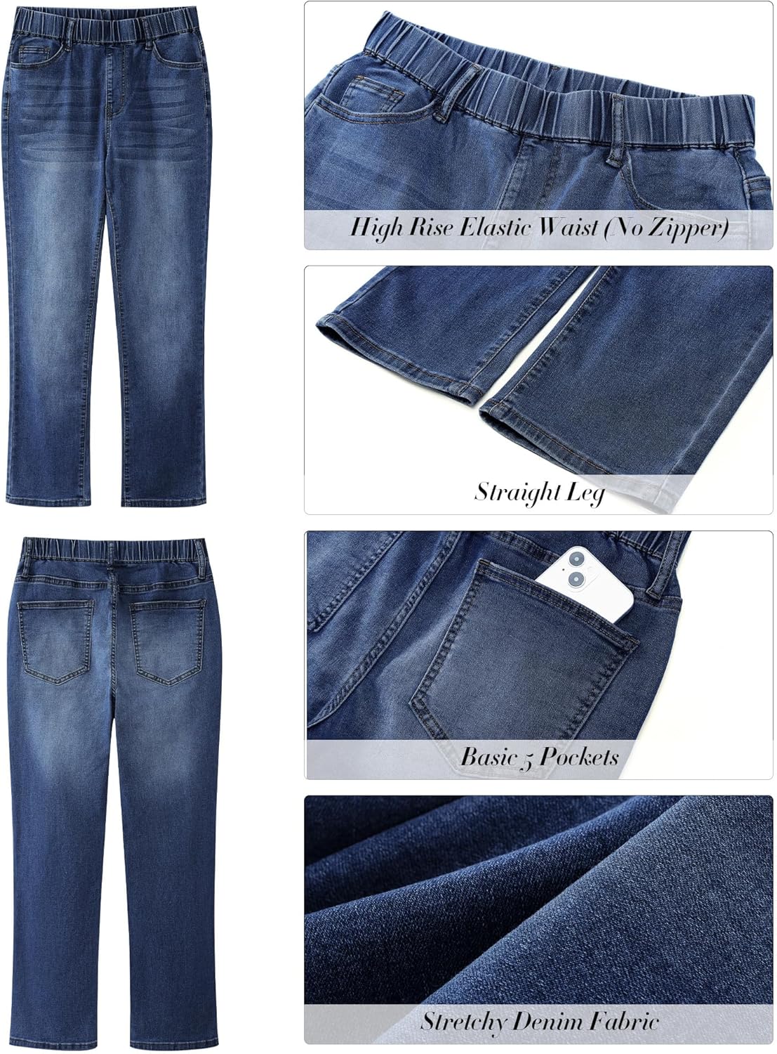 GRAPENT Straight Leg Jeans for Women Trendy Pull On High Waisted Cropped Elastic Waist Stretchy Denim Pants Ankle JeansDarkness Blue