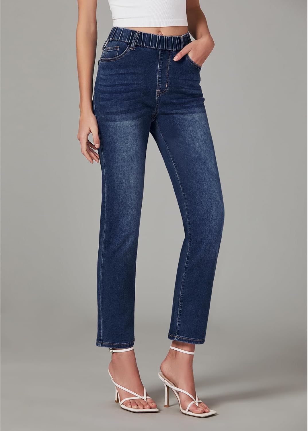 GRAPENT Straight Leg Jeans for Women Trendy Pull On High Waisted Cropped Elastic Waist Stretchy Denim Pants Ankle JeansDarkness Blue