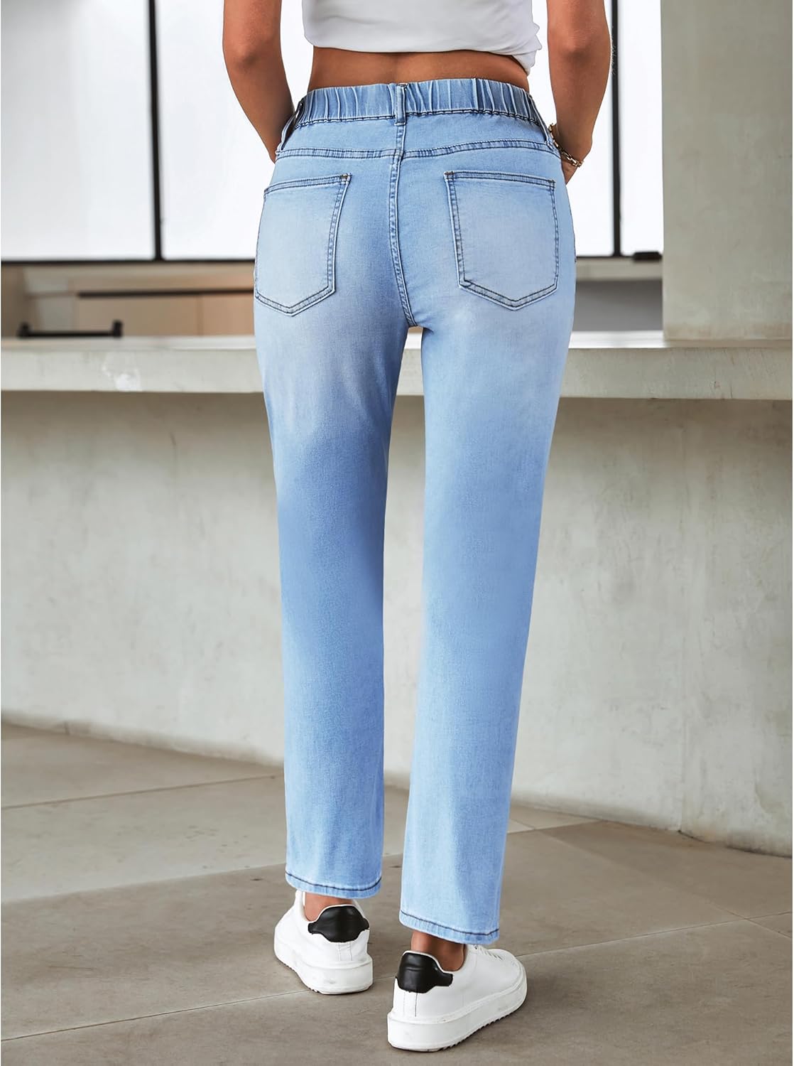 GRAPENT Straight Leg Jeans for Women Trendy Pull On High Waisted Cropped Elastic Waist Stretchy Denim Pants Ankle JeansGentle Sea Blue