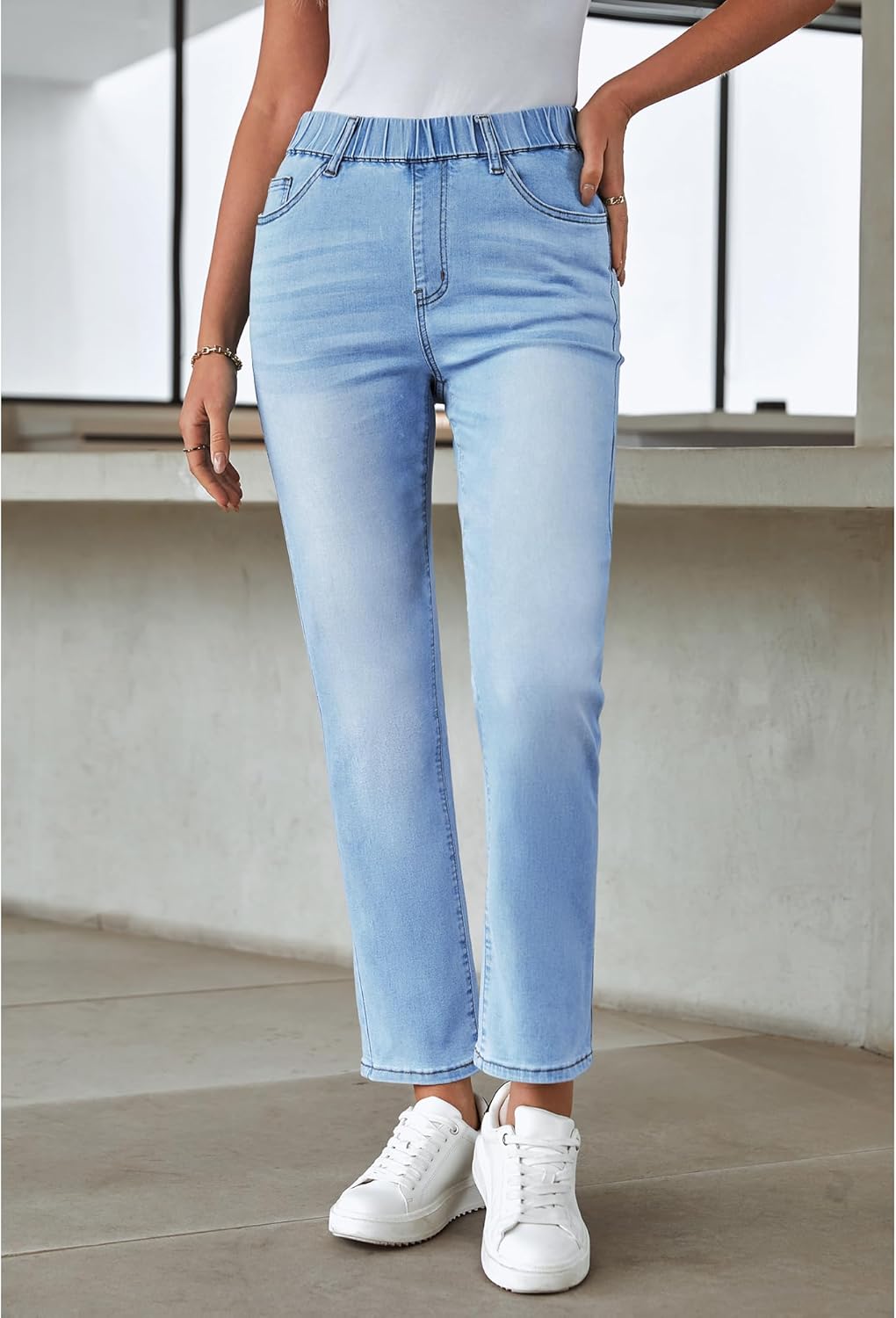 GRAPENT Straight Leg Jeans for Women Trendy Pull On High Waisted Cropped Elastic Waist Stretchy Denim Pants Ankle JeansGentle Sea Blue
