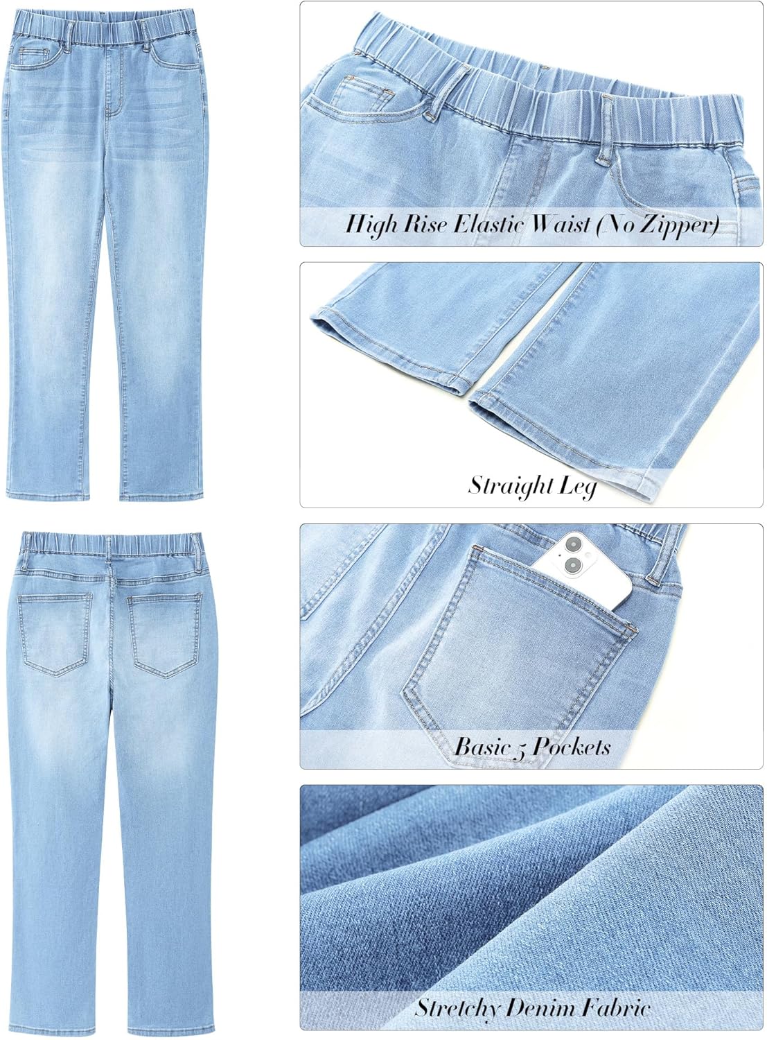 GRAPENT Straight Leg Jeans for Women Trendy Pull On High Waisted Cropped Elastic Waist Stretchy Denim Pants Ankle JeansGentle Sea Blue