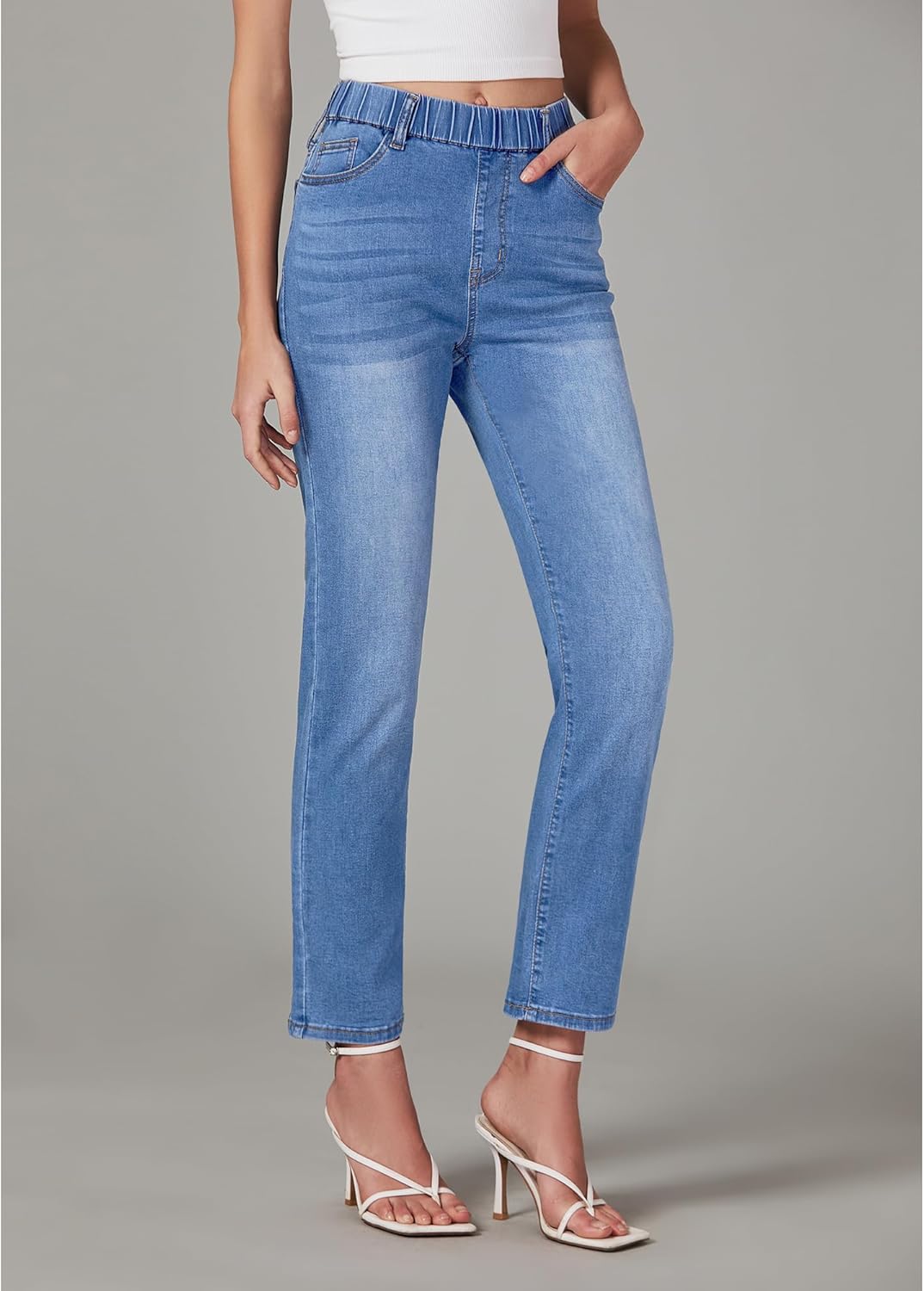 GRAPENT Straight Leg Jeans for Women Trendy Pull On High Waisted Cropped Elastic Waist Stretchy Denim Pants Ankle JeansOffshore Blue