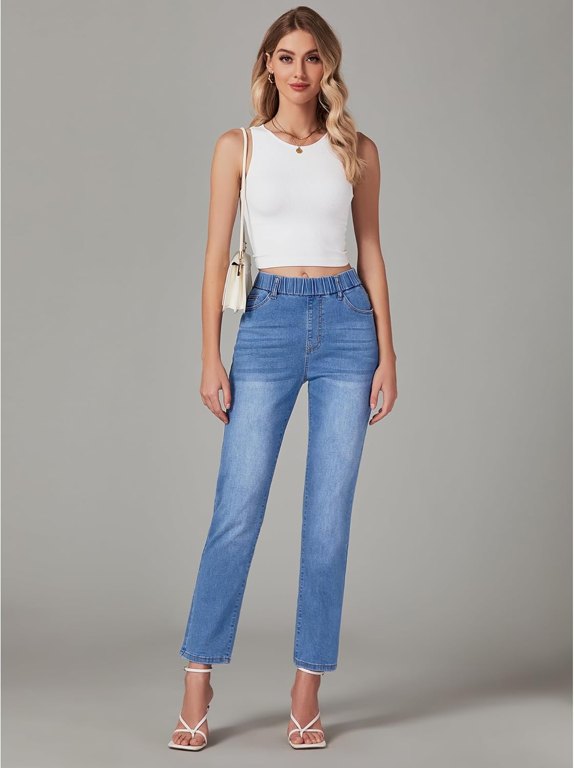 GRAPENT Straight Leg Jeans for Women Trendy Pull On High Waisted Cropped Elastic Waist Stretchy Denim Pants Ankle JeansOffshore Blue