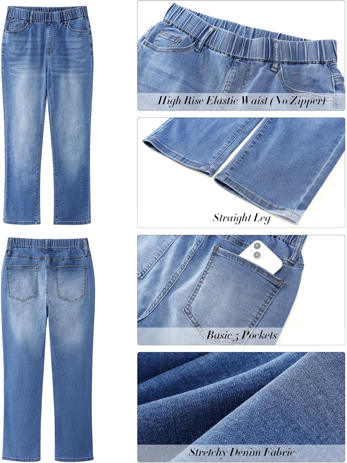 GRAPENT Straight Leg Jeans for Women Trendy Pull On High Waisted Cropped Elastic Waist Stretchy Denim Pants Ankle JeansOffshore Blue
