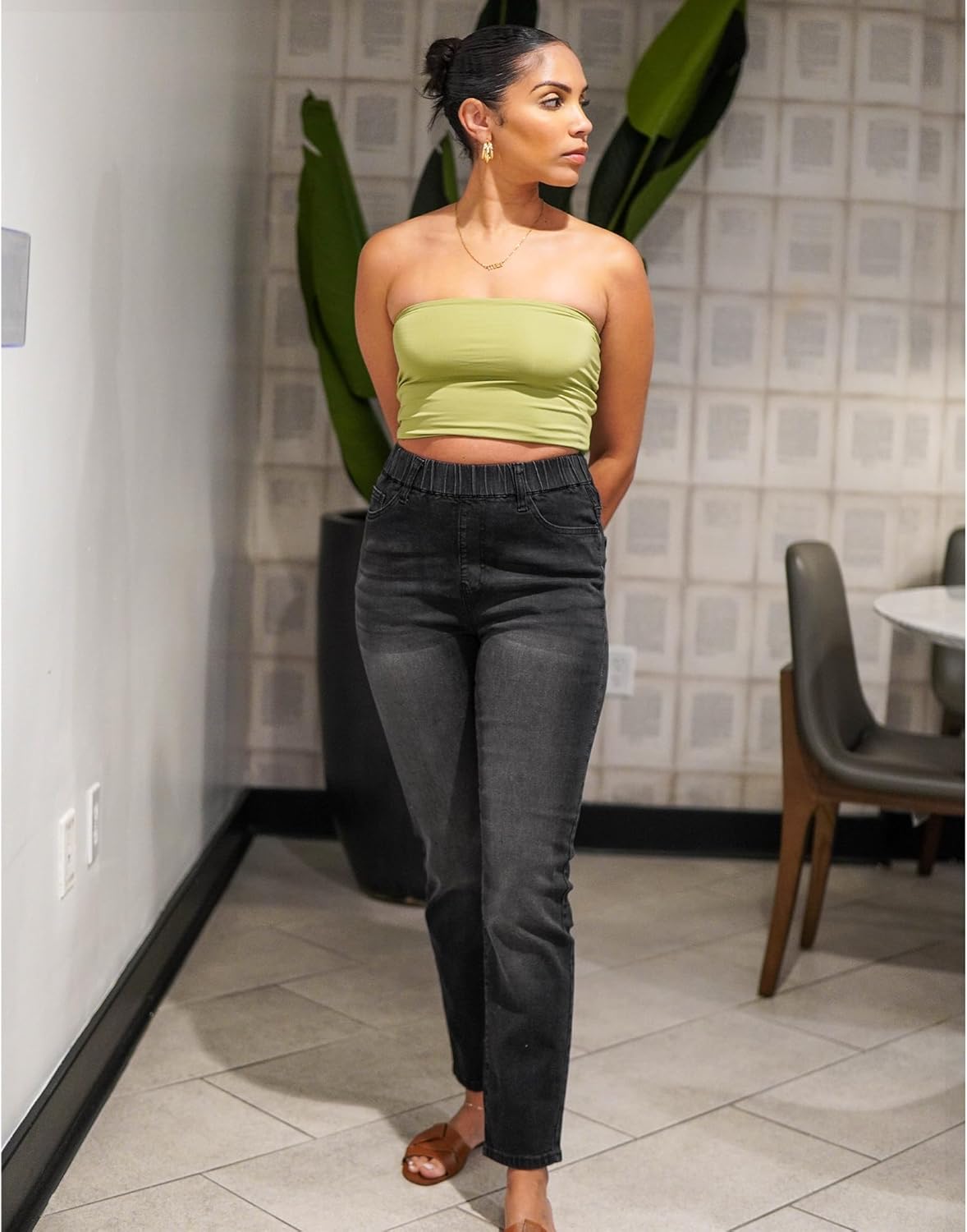 GRAPENT Straight Leg Jeans for Women Trendy Pull On High Waisted Cropped Elastic Waist Stretchy Denim Pants Ankle JeansWashed Black