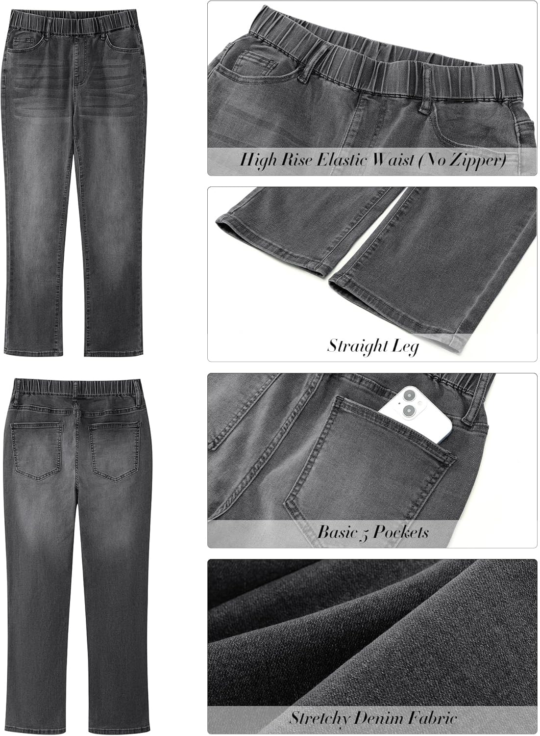 GRAPENT Straight Leg Jeans for Women Trendy Pull On High Waisted Cropped Elastic Waist Stretchy Denim Pants Ankle JeansWashed Black