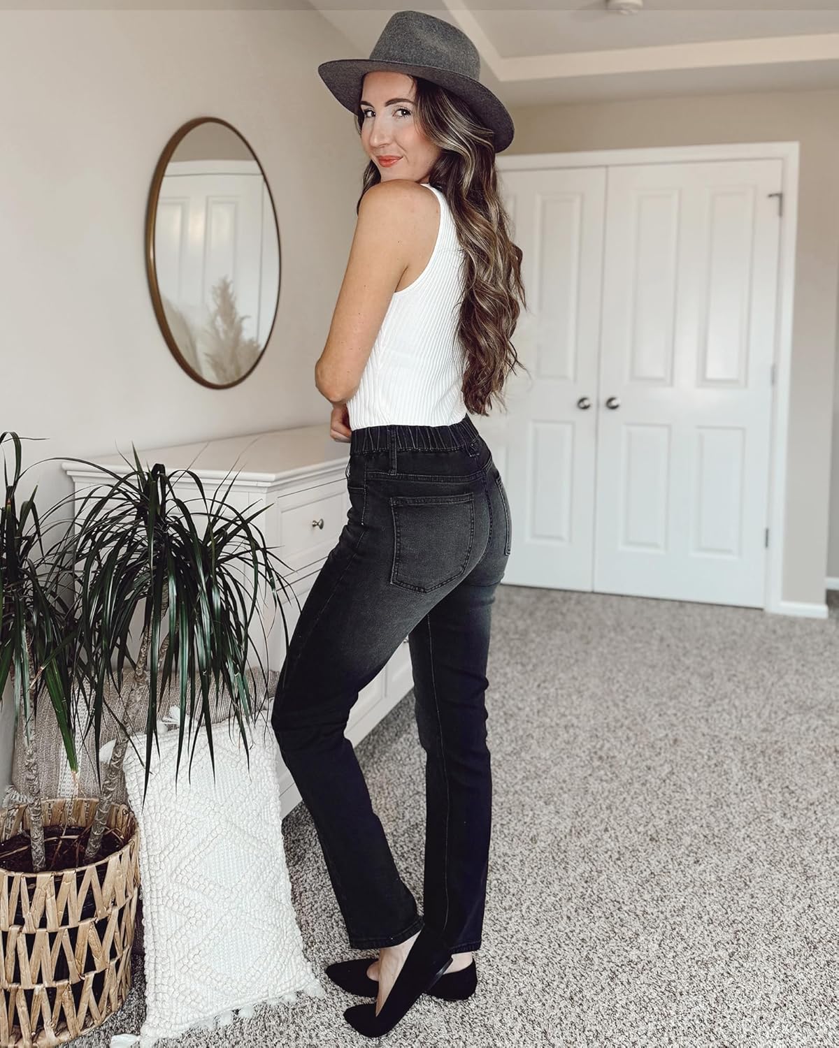GRAPENT Straight Leg Jeans for Women Trendy Pull On High Waisted Cropped Elastic Waist Stretchy Denim Pants Ankle JeansWashed Black