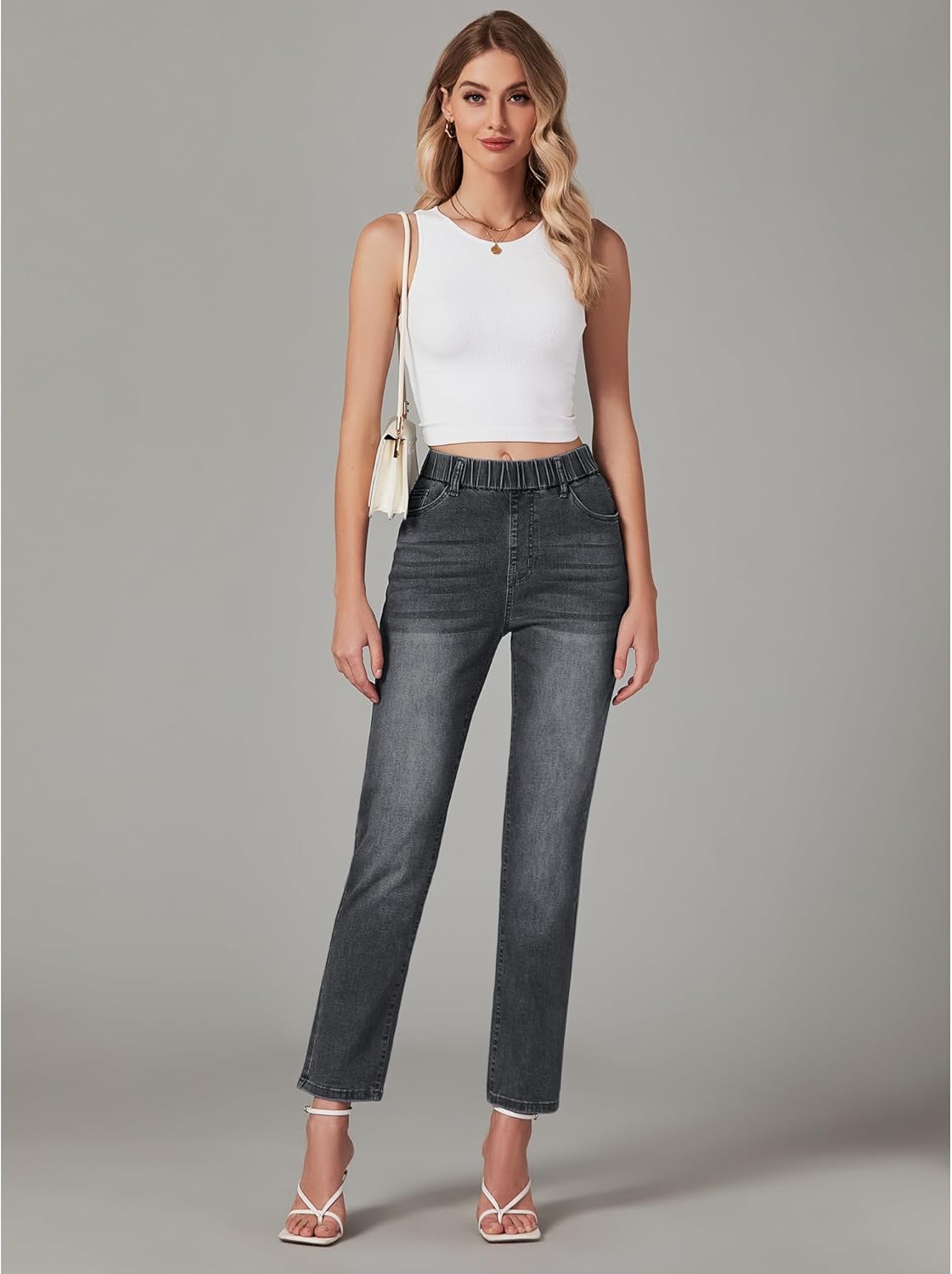 GRAPENT Straight Leg Jeans for Women Trendy Pull On High Waisted Cropped Elastic Waist Stretchy Denim Pants Ankle JeansWashed Black