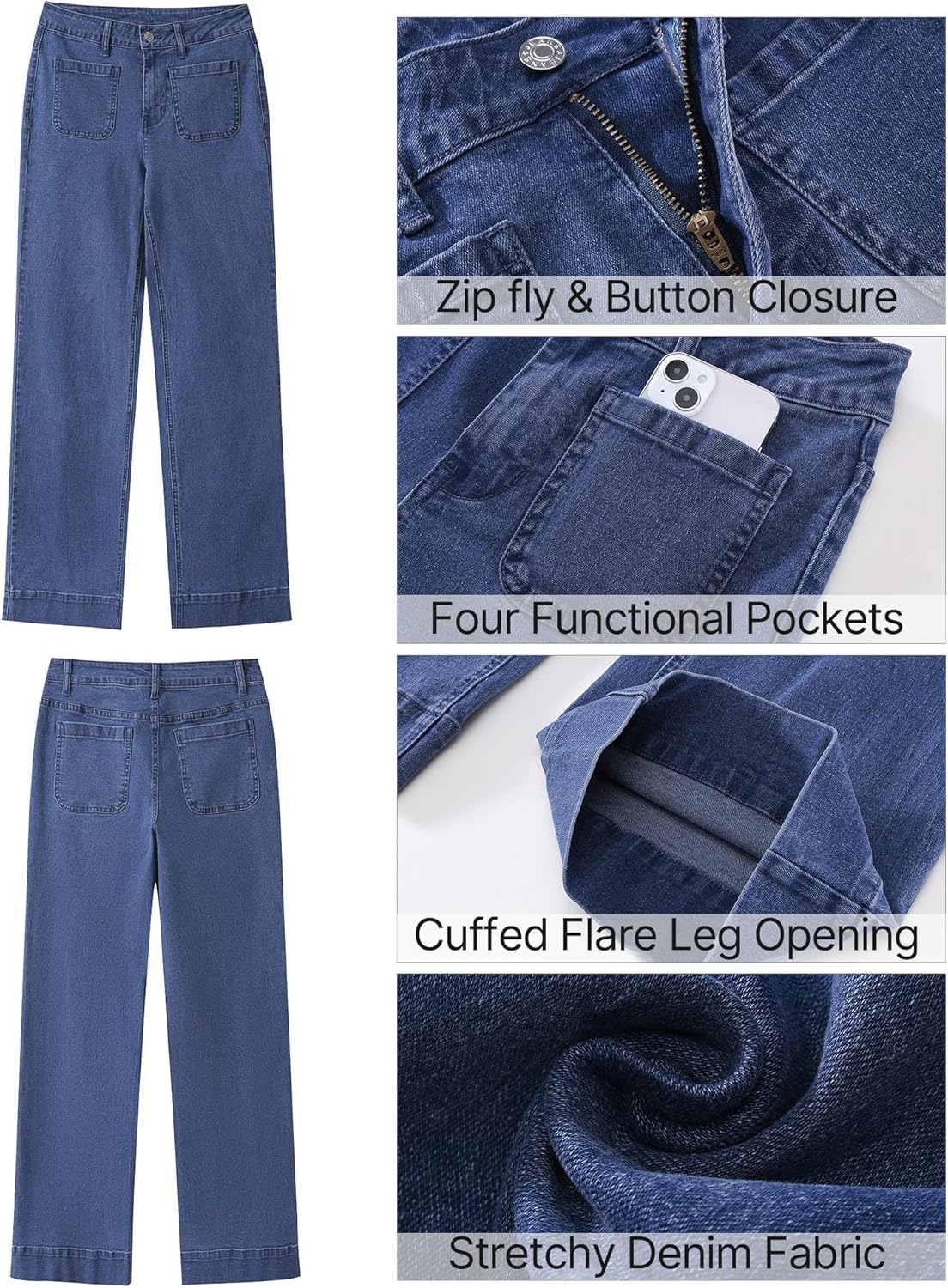 GRAPENT Wide Leg Jeans for Women High Waisted Flare Trendy Stretchy Denim Pants Duo Pockets Trouser JeansClassic Blue