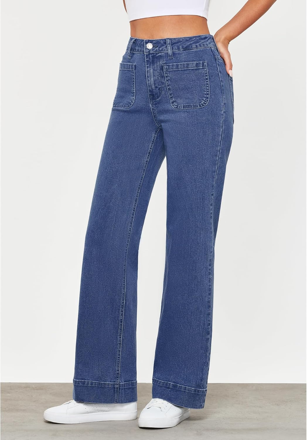 GRAPENT Wide Leg Jeans for Women High Waisted Flare Trendy Stretchy Denim Pants Duo Pockets Trouser JeansClassic Blue