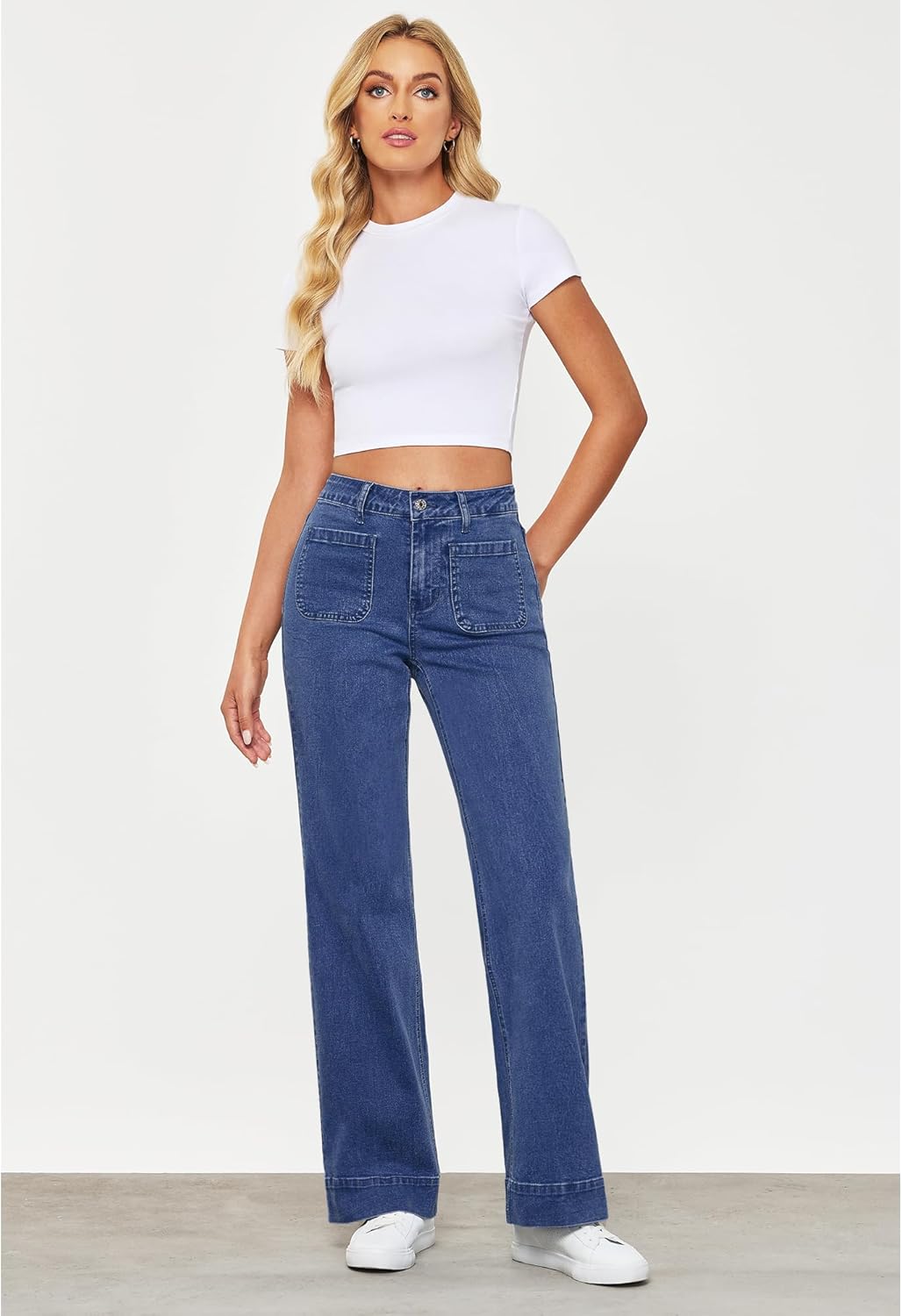 GRAPENT Wide Leg Jeans for Women High Waisted Flare Trendy Stretchy Denim Pants Duo Pockets Trouser JeansClassic Blue