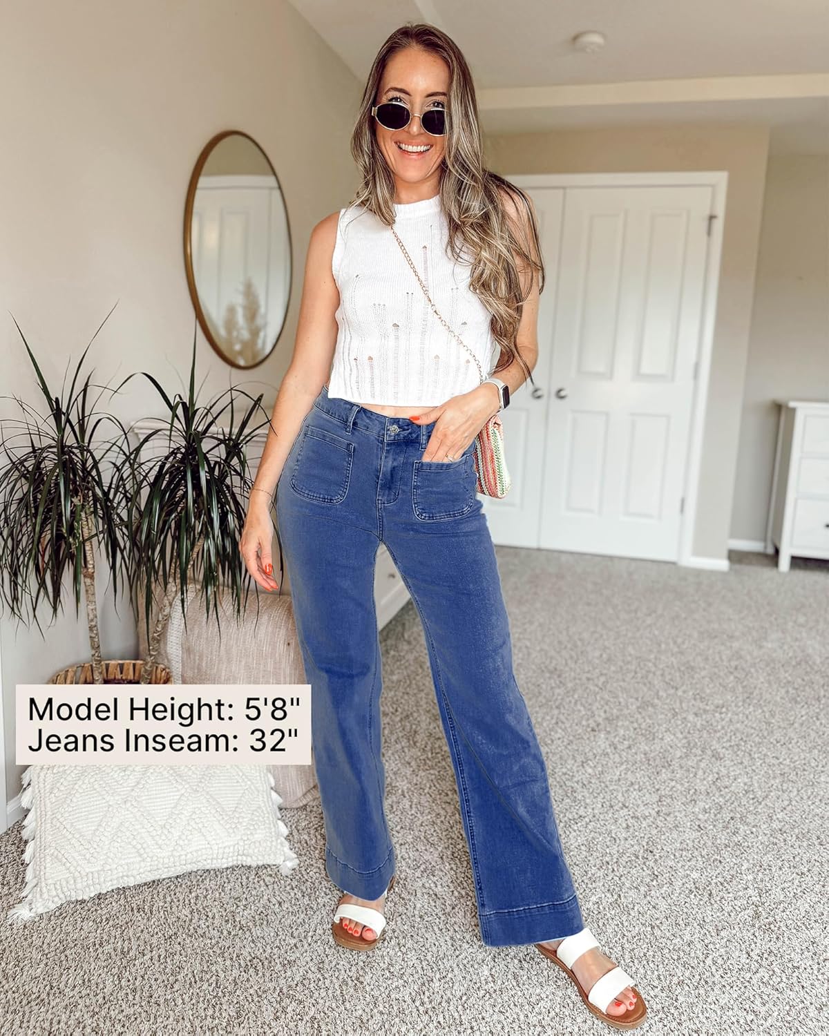 GRAPENT Wide Leg Jeans for Women High Waisted Flare Trendy Stretchy Denim Pants Duo Pockets Trouser JeansClassic Blue