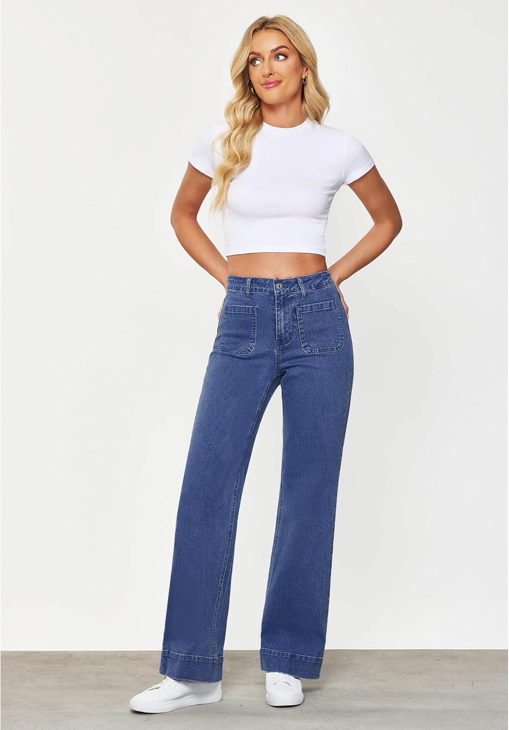 GRAPENT Wide Leg Jeans for Women High Waisted Flare Trendy Stretchy Denim Pants Duo Pockets Trouser JeansClassic Blue