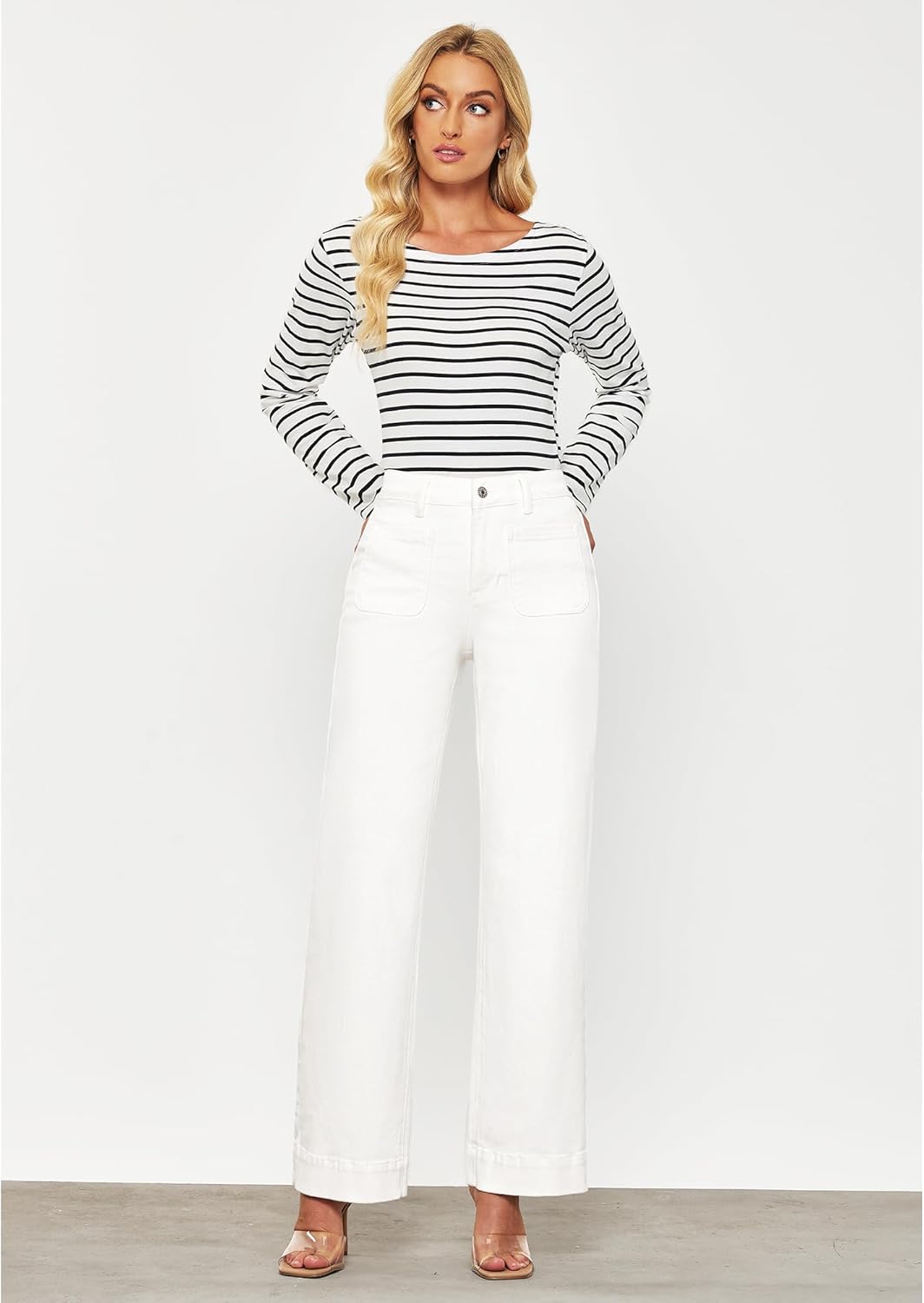 GRAPENT Wide Leg Jeans for Women High Waisted Flare Trendy Stretchy Denim Pants Duo Pockets Trouser JeansCream White
