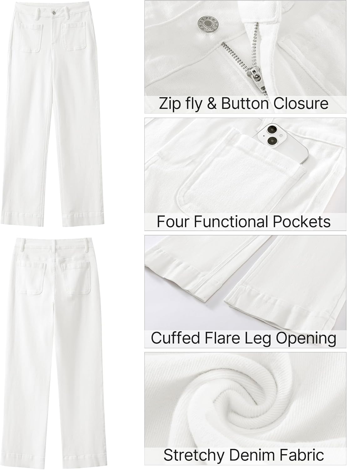 GRAPENT Wide Leg Jeans for Women High Waisted Flare Trendy Stretchy Denim Pants Duo Pockets Trouser JeansCream White