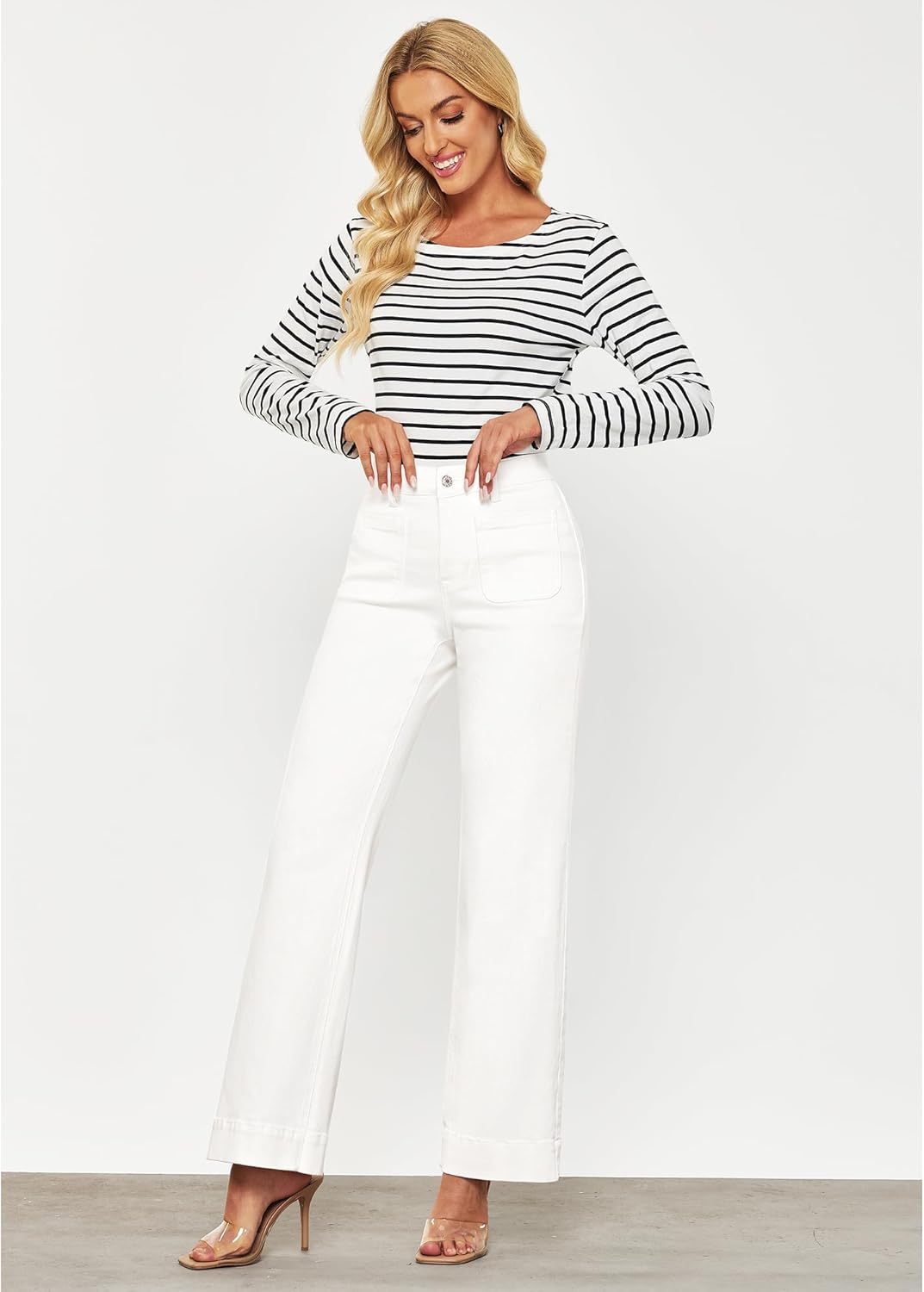 GRAPENT Wide Leg Jeans for Women High Waisted Flare Trendy Stretchy Denim Pants Duo Pockets Trouser JeansCream White