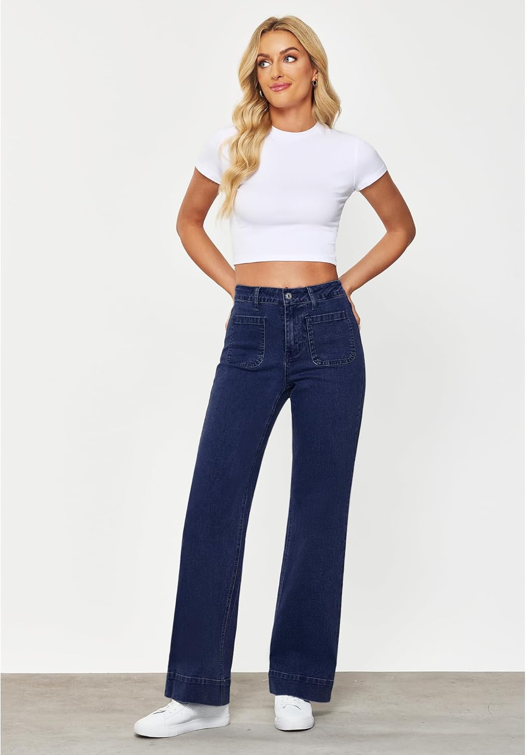 GRAPENT Wide Leg Jeans for Women High Waisted Flare Trendy Stretchy Denim Pants Duo Pockets Trouser JeansDarkness Blue