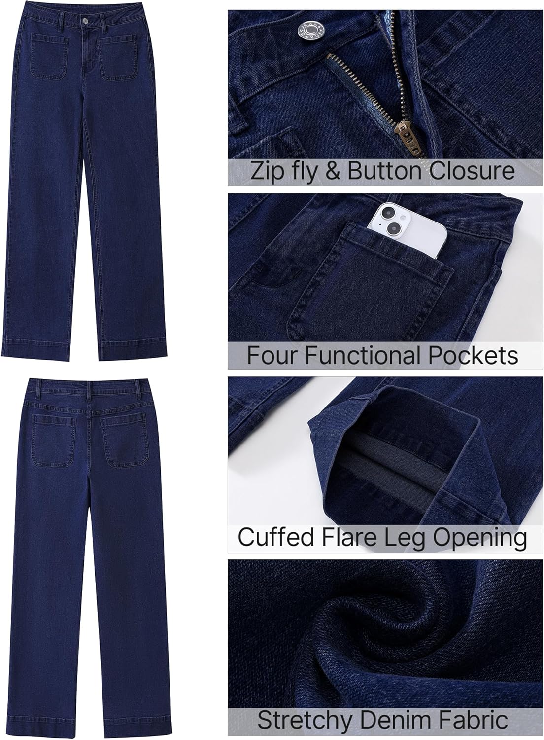 GRAPENT Wide Leg Jeans for Women High Waisted Flare Trendy Stretchy Denim Pants Duo Pockets Trouser JeansDarkness Blue