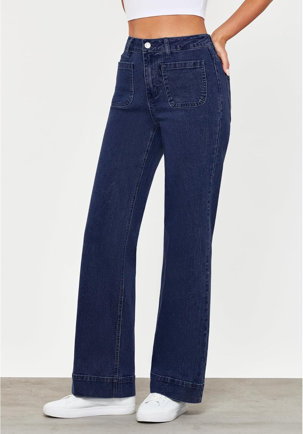 GRAPENT Wide Leg Jeans for Women High Waisted Flare Trendy Stretchy Denim Pants Duo Pockets Trouser JeansDarkness Blue