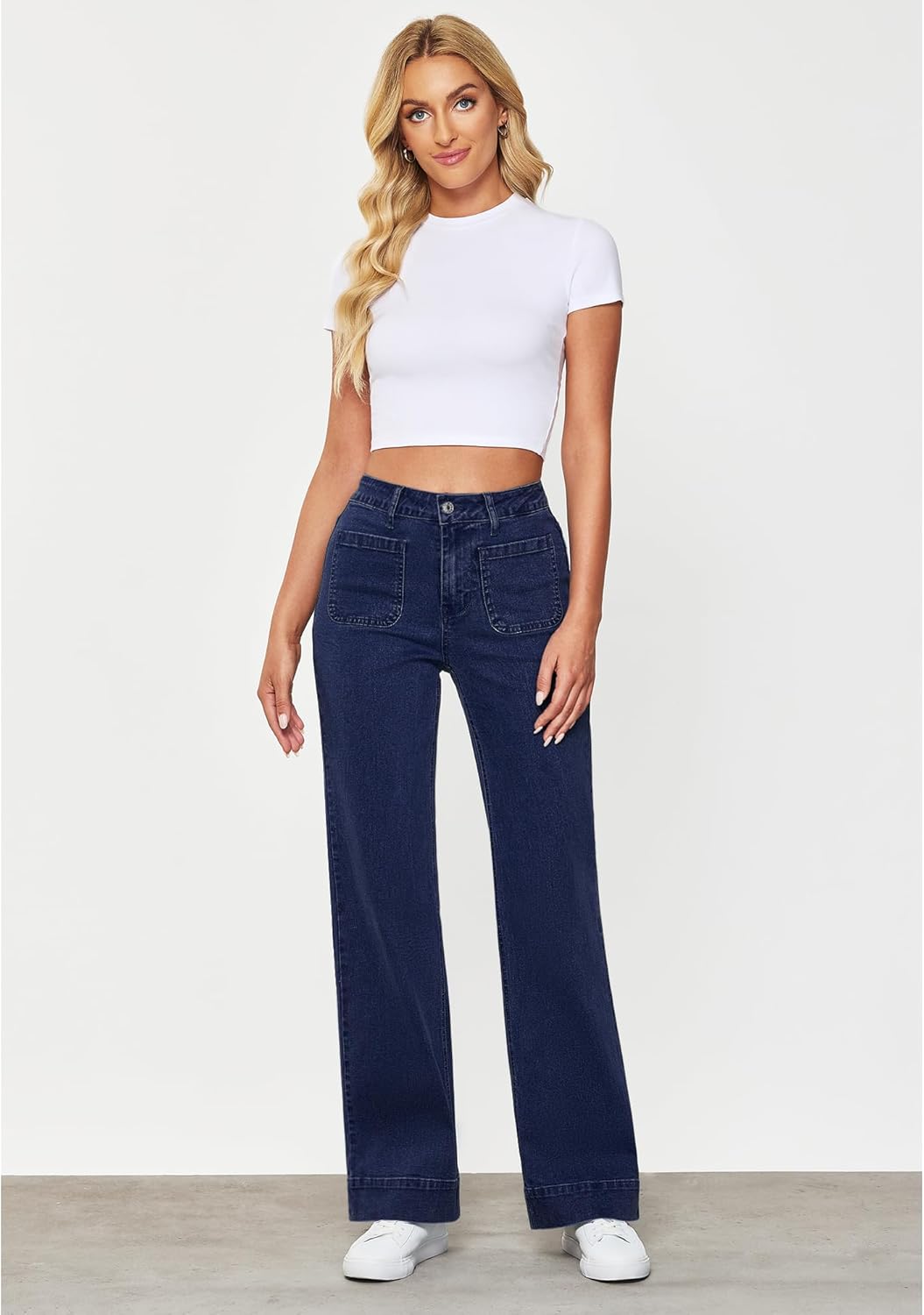 GRAPENT Wide Leg Jeans for Women High Waisted Flare Trendy Stretchy Denim Pants Duo Pockets Trouser JeansDarkness Blue