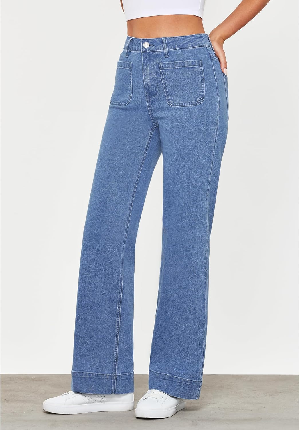 GRAPENT Wide Leg Jeans for Women High Waisted Flare Trendy Stretchy Denim Pants Duo Pockets Trouser JeansMedium Blue