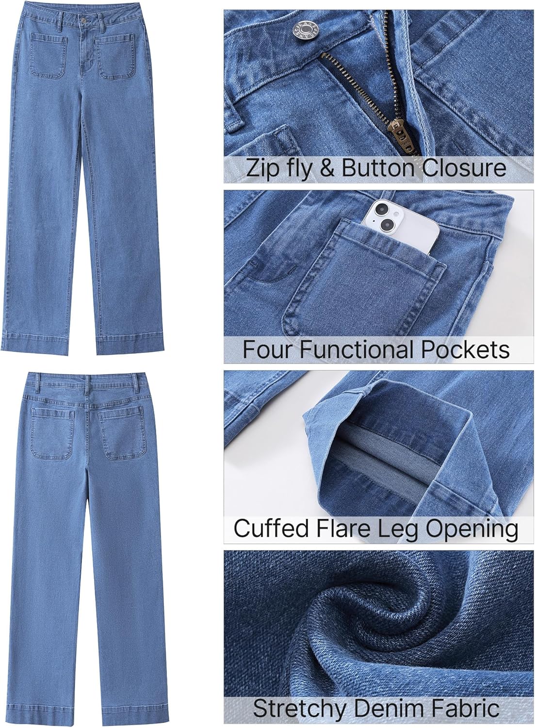 GRAPENT Wide Leg Jeans for Women High Waisted Flare Trendy Stretchy Denim Pants Duo Pockets Trouser JeansMedium Blue