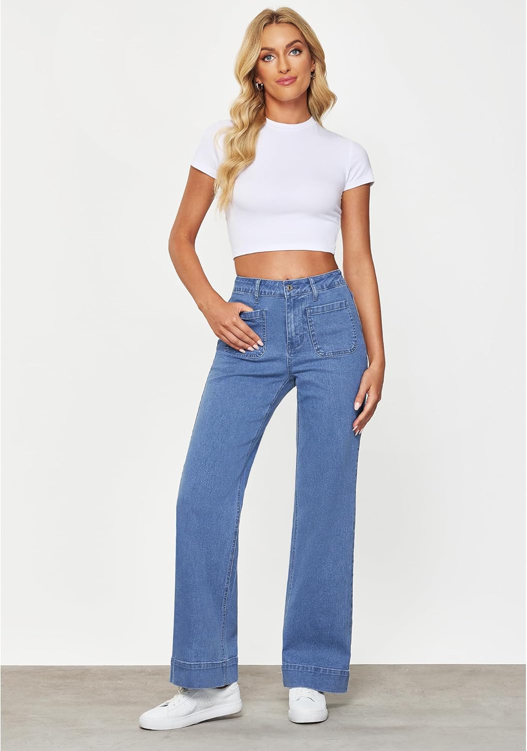 GRAPENT Wide Leg Jeans for Women High Waisted Flare Trendy Stretchy Denim Pants Duo Pockets Trouser JeansMedium Blue