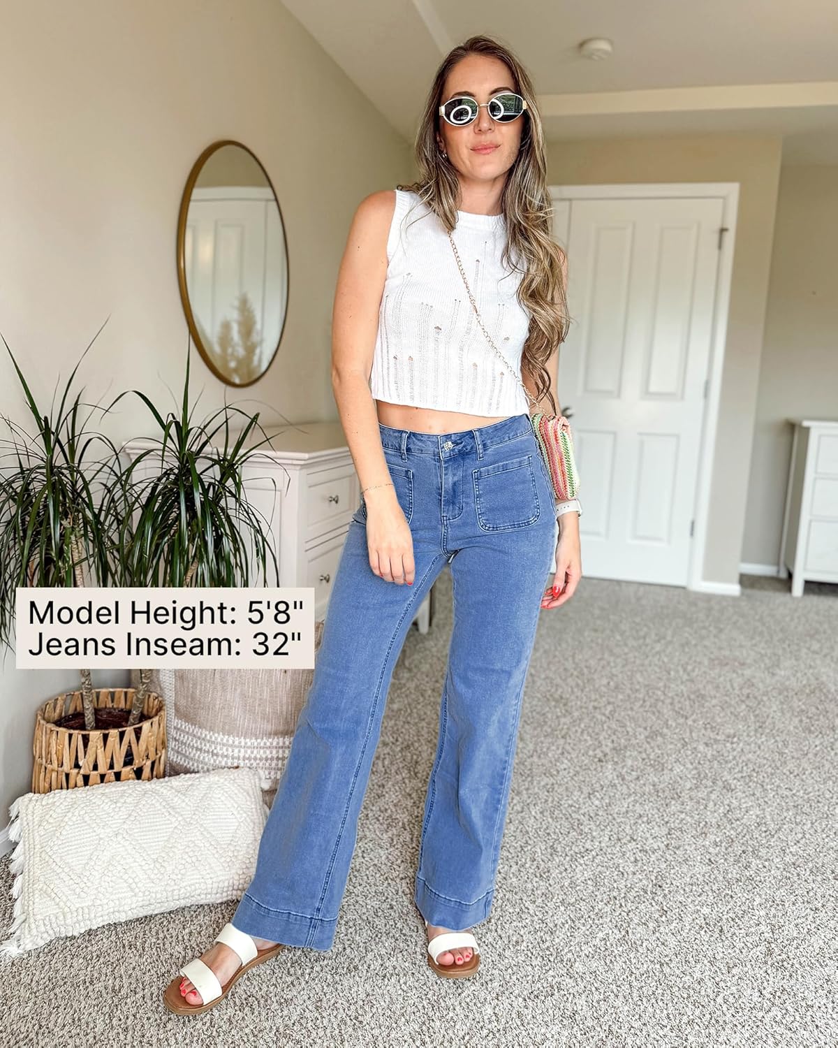 GRAPENT Wide Leg Jeans for Women High Waisted Flare Trendy Stretchy Denim Pants Duo Pockets Trouser JeansMedium Blue