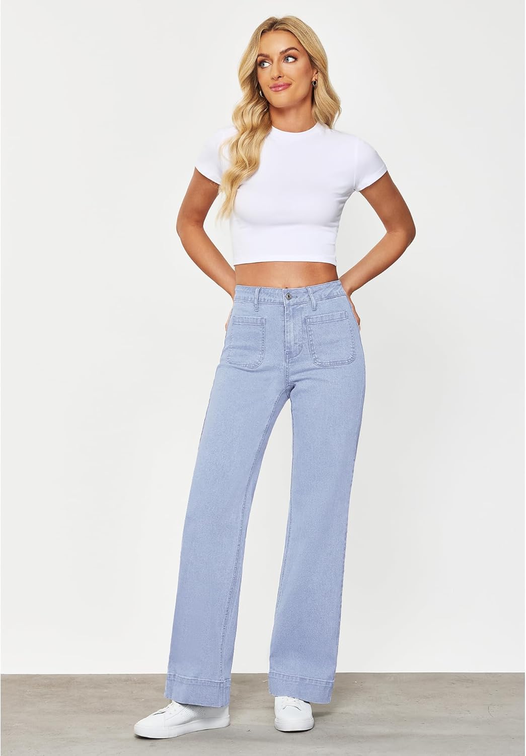GRAPENT Wide Leg Jeans for Women High Waisted Flare Trendy Stretchy Denim Pants Duo Pockets Trouser JeansRoadnight Blue