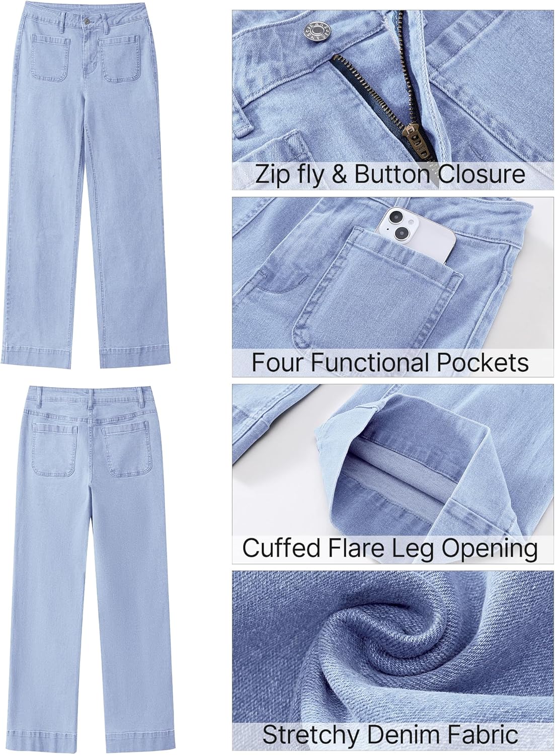 GRAPENT Wide Leg Jeans for Women High Waisted Flare Trendy Stretchy Denim Pants Duo Pockets Trouser JeansRoadnight Blue