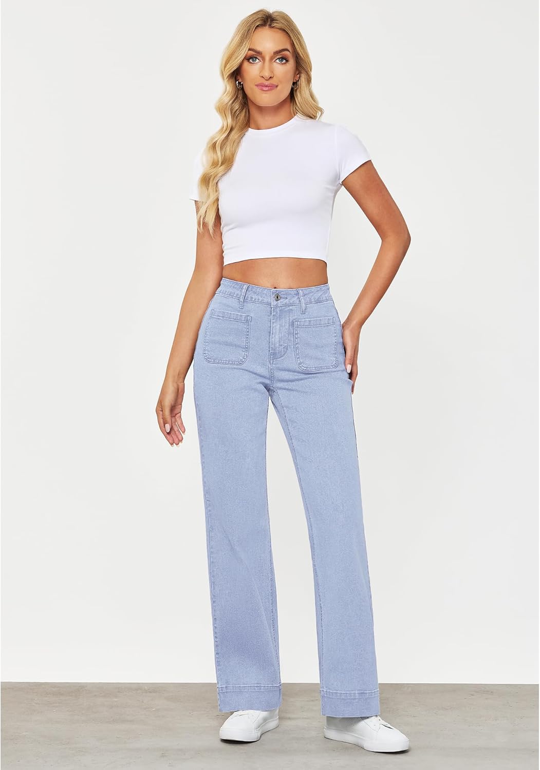 GRAPENT Wide Leg Jeans for Women High Waisted Flare Trendy Stretchy Denim Pants Duo Pockets Trouser JeansRoadnight Blue