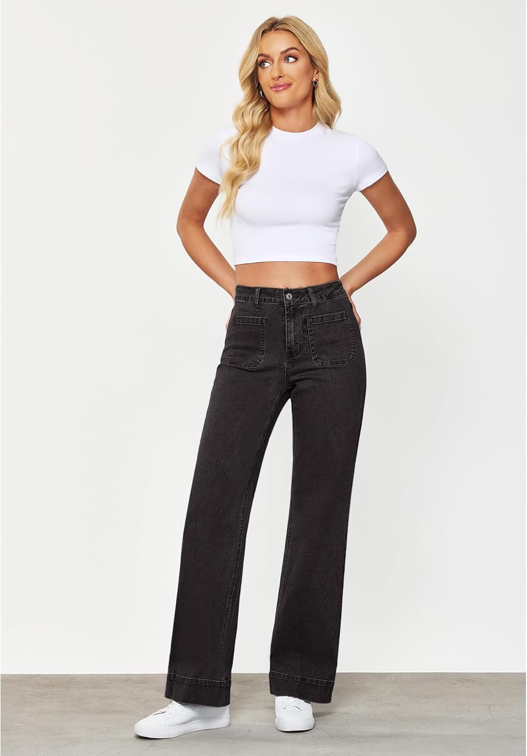 GRAPENT Wide Leg Jeans for Women High Waisted Flare Trendy Stretchy Denim Pants Duo Pockets Trouser JeansWashed Black