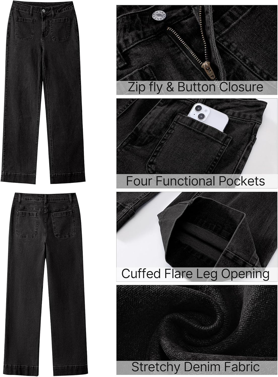 GRAPENT Wide Leg Jeans for Women High Waisted Flare Trendy Stretchy Denim Pants Duo Pockets Trouser JeansWashed Black