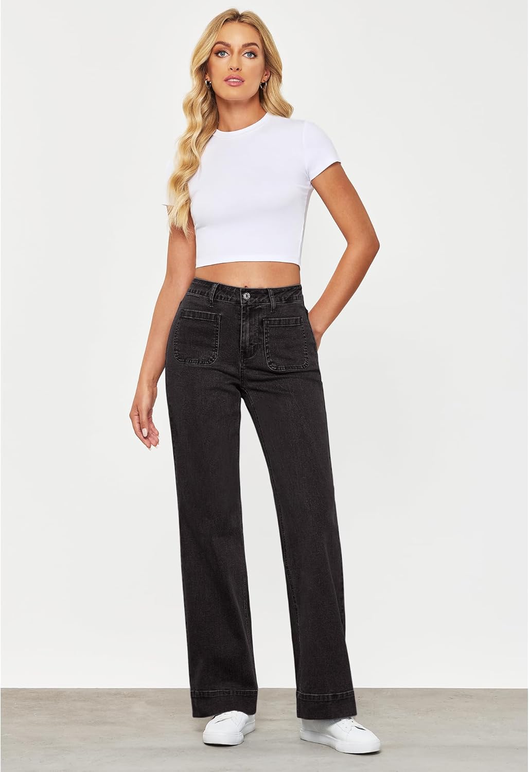 GRAPENT Wide Leg Jeans for Women High Waisted Flare Trendy Stretchy Denim Pants Duo Pockets Trouser JeansWashed Black