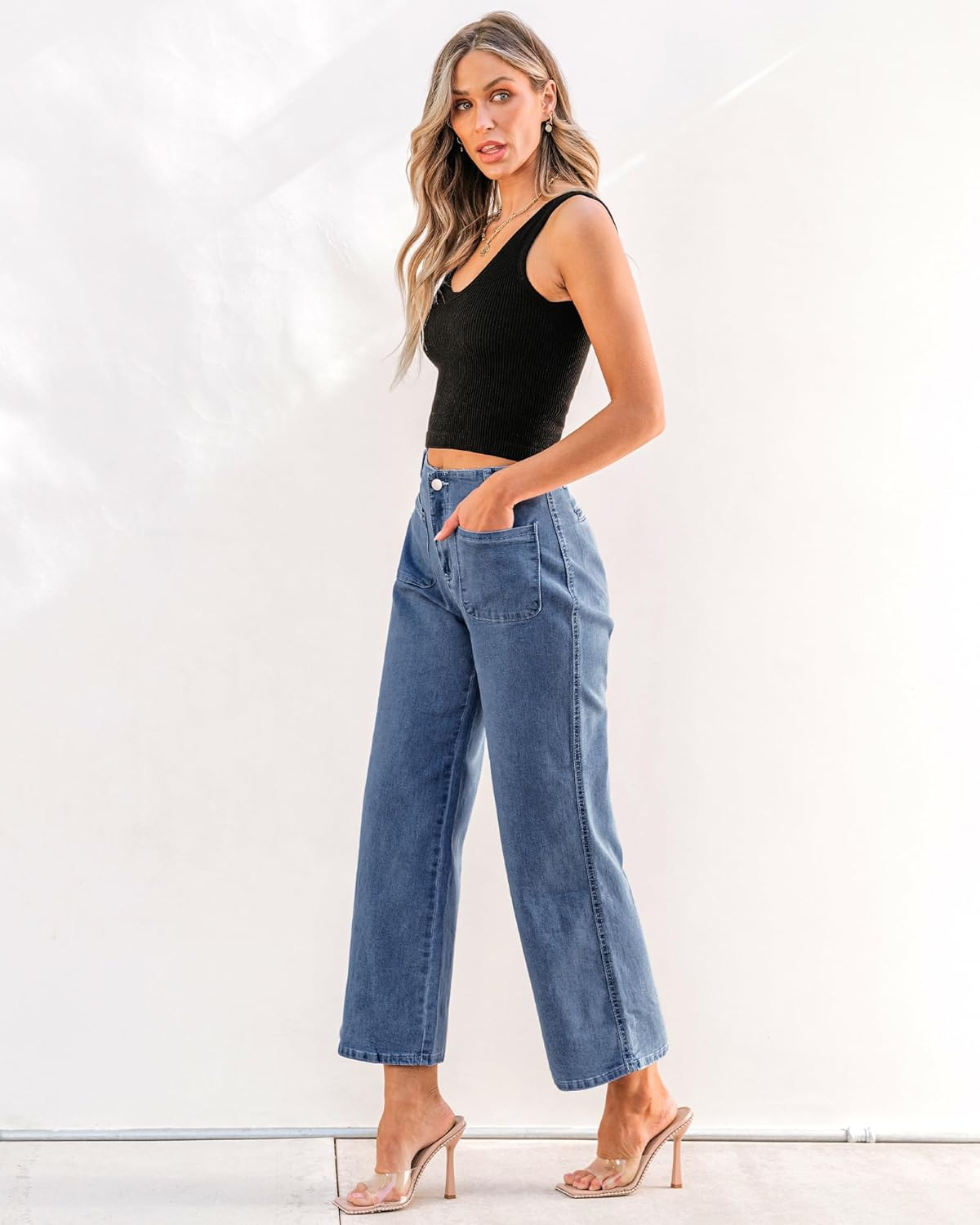 GRAPENT Wide Leg Jeans for Women High Waisted Straight Leg Stretchy Cropped Denim Pants with Pockets Jean TrousersClassic Blue