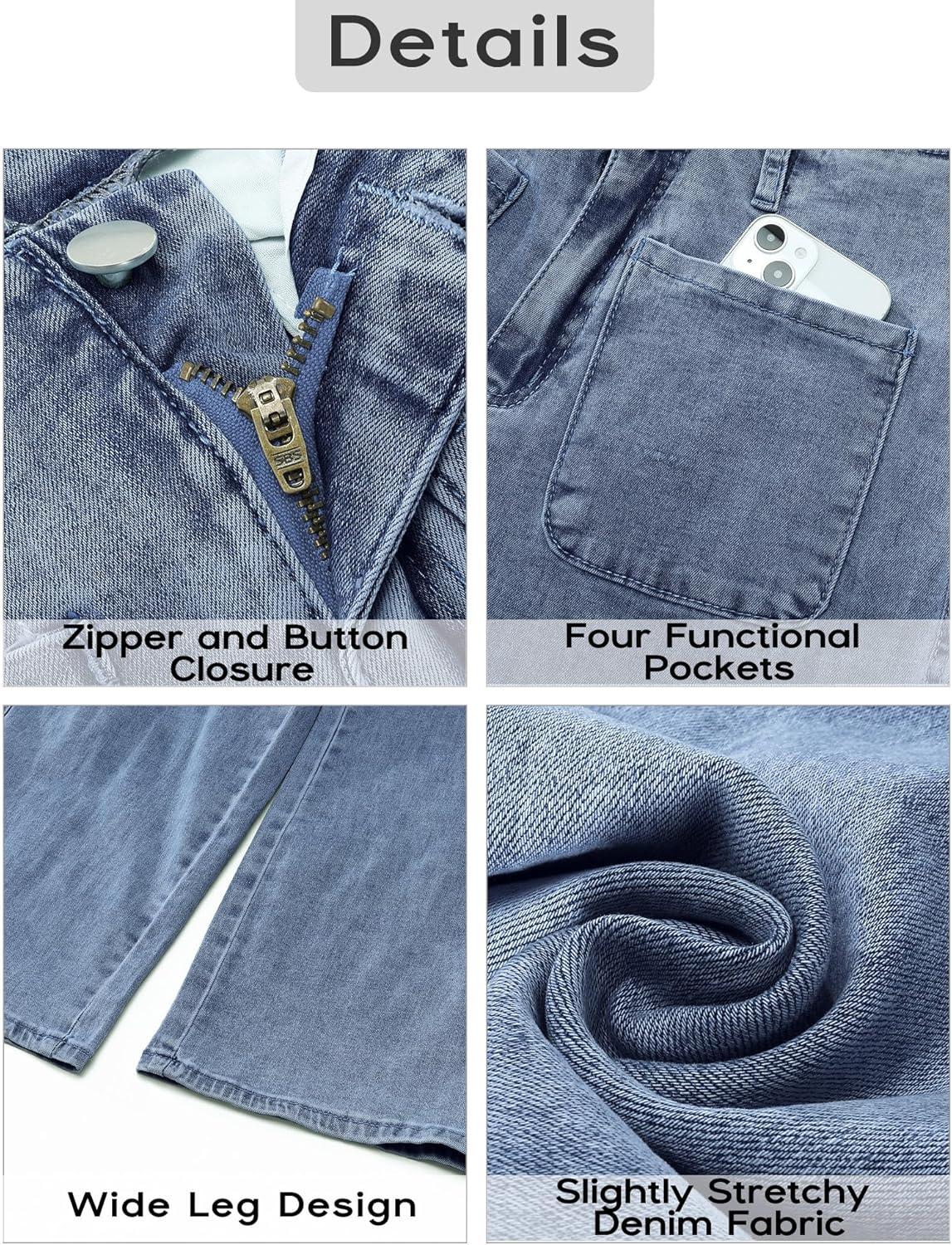 GRAPENT Wide Leg Jeans for Women High Waisted Straight Leg Stretchy Cropped Denim Pants with Pockets Jean TrousersClassic Blue