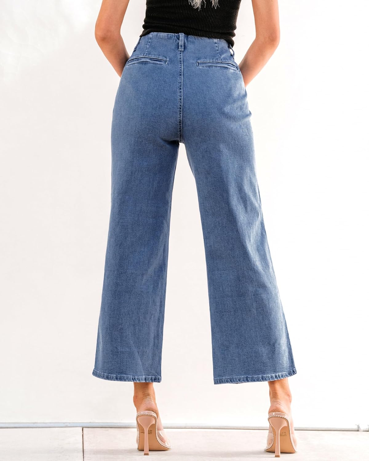 GRAPENT Wide Leg Jeans for Women High Waisted Straight Leg Stretchy Cropped Denim Pants with Pockets Jean TrousersClassic Blue