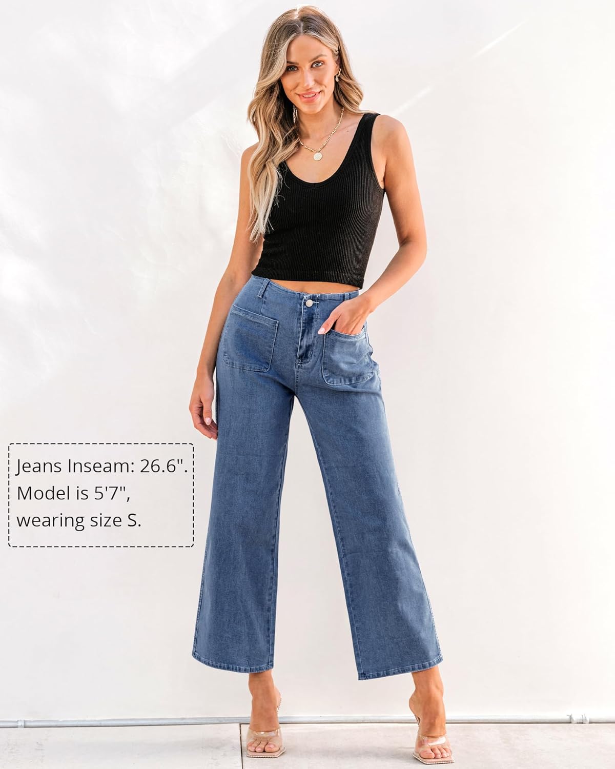 GRAPENT Wide Leg Jeans for Women High Waisted Straight Leg Stretchy Cropped Denim Pants with Pockets Jean TrousersClassic Blue