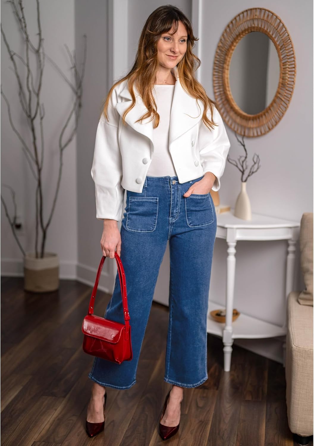 GRAPENT Wide Leg Jeans for Women High Waisted Straight Leg Stretchy Cropped Denim Pants with Pockets Jean TrousersDarkness Blue
