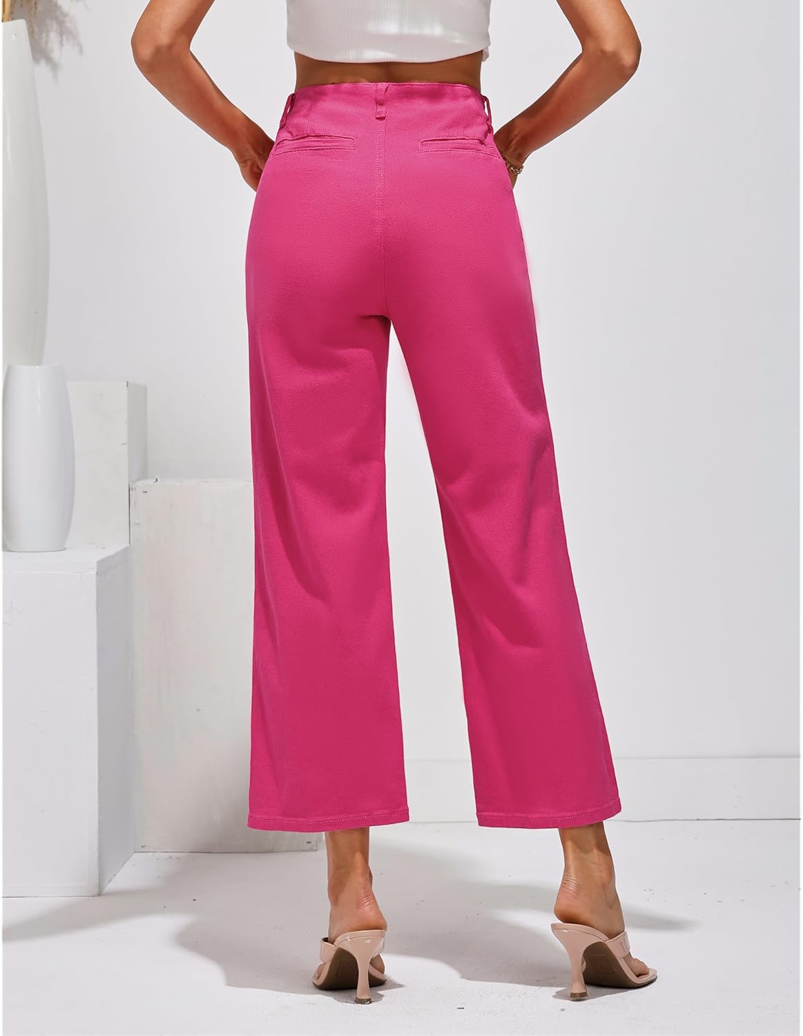 GRAPENT Wide Leg Jeans for Women High Waisted Straight Leg Stretchy Cropped Denim Pants with Pockets Jean TrousersHot Pink
