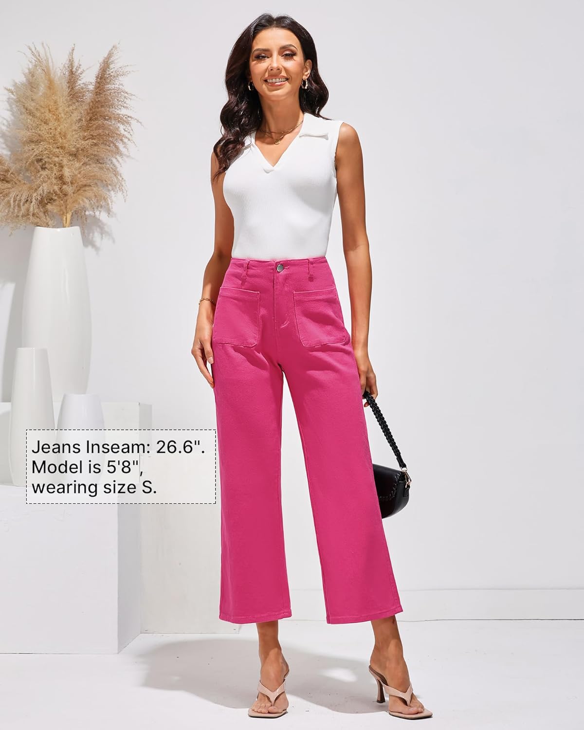 GRAPENT Wide Leg Jeans for Women High Waisted Straight Leg Stretchy Cropped Denim Pants with Pockets Jean TrousersHot Pink