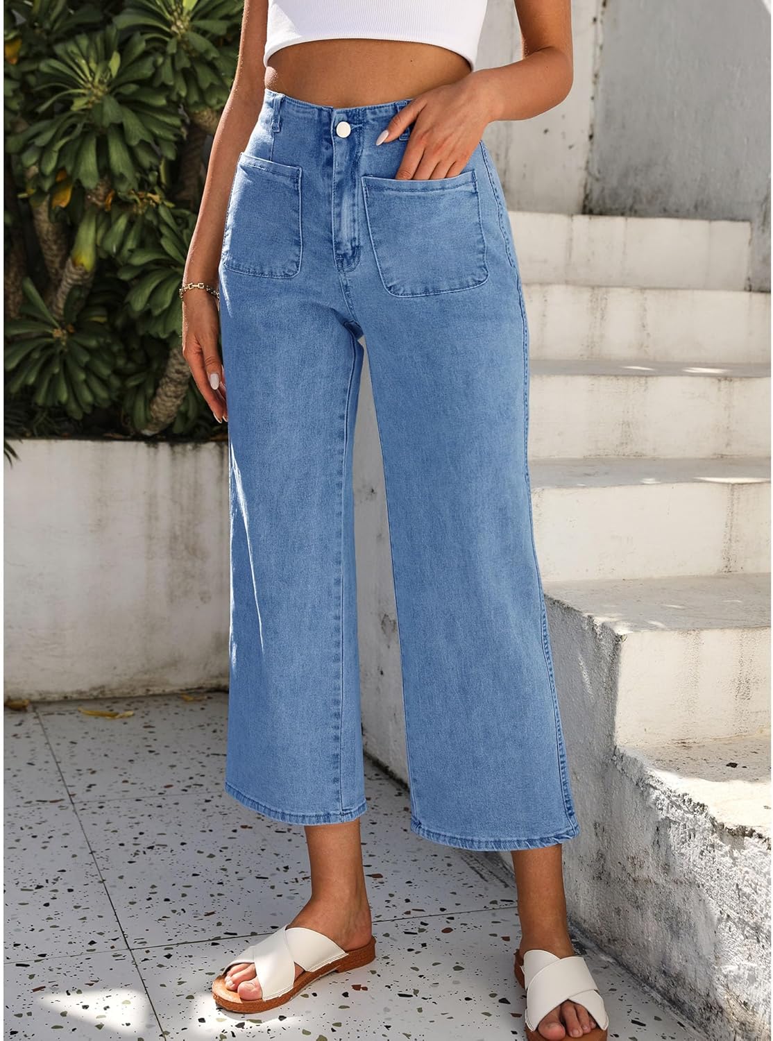 GRAPENT Wide Leg Jeans for Women High Waisted Straight Leg Stretchy Cropped Denim Pants with Pockets Jean TrousersMedium Blue