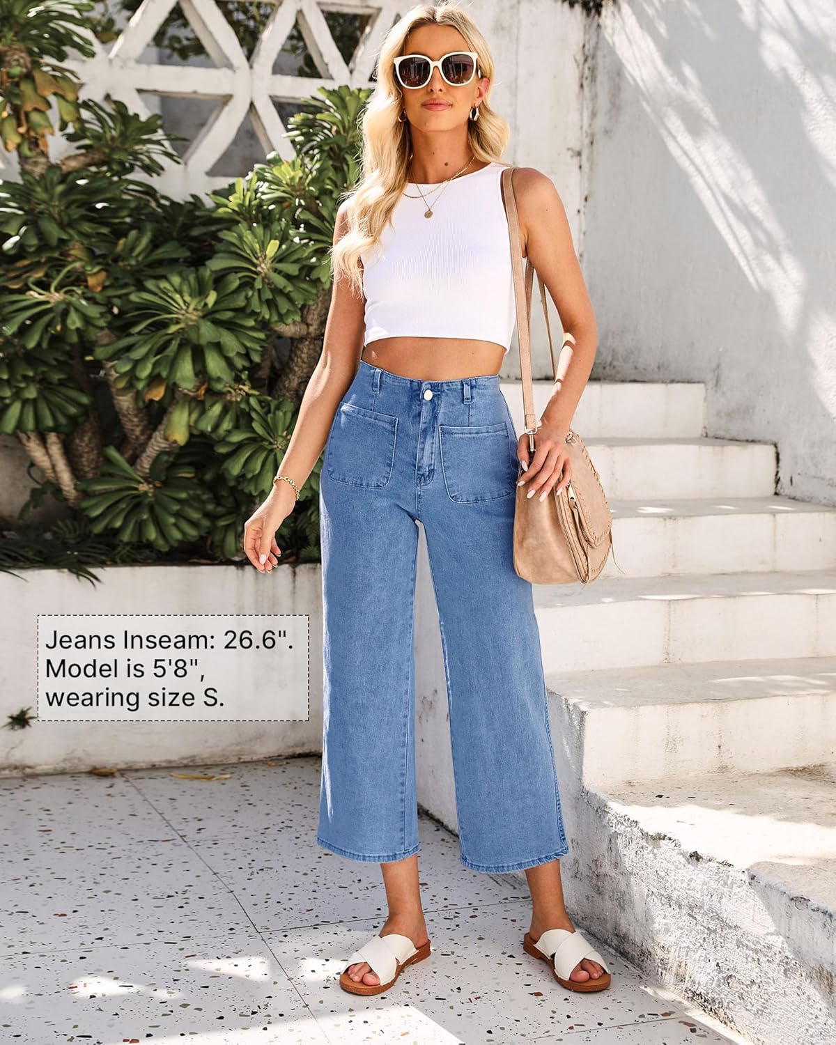 GRAPENT Wide Leg Jeans for Women High Waisted Straight Leg Stretchy Cropped Denim Pants with Pockets Jean TrousersMedium Blue