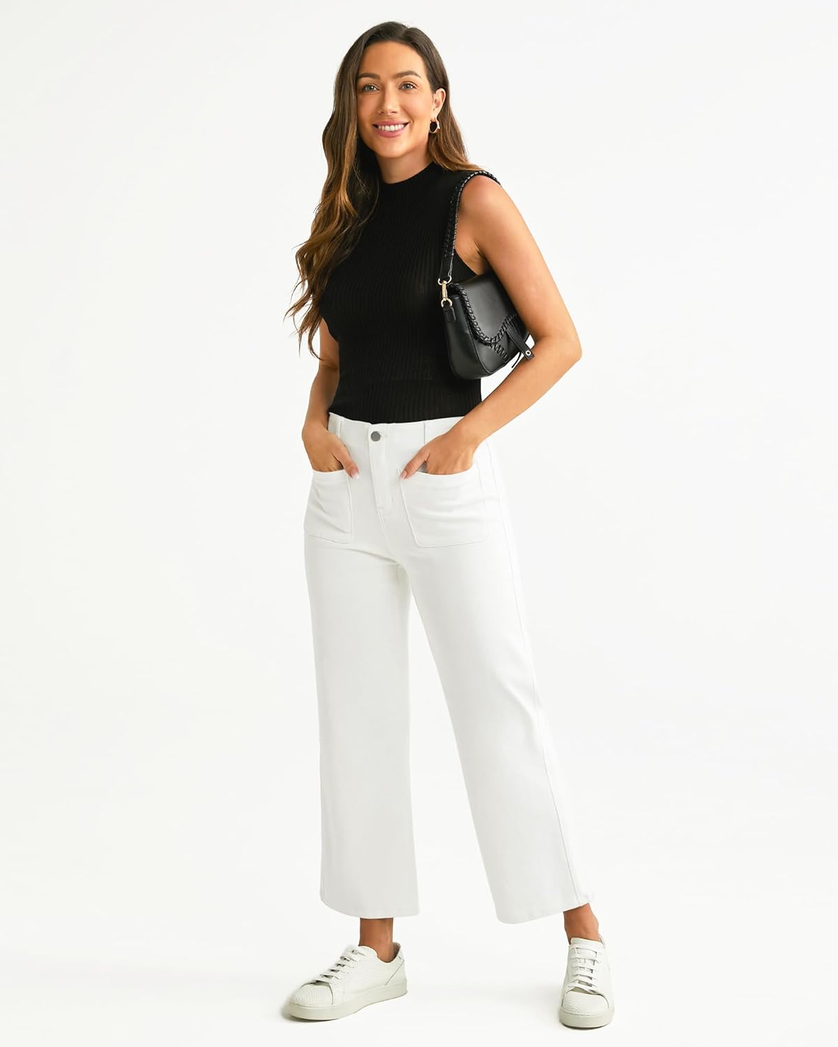 GRAPENT Wide Leg Jeans for Women High Waisted Straight Leg Stretchy Cropped Denim Pants with Pockets Jean TrousersOffwhite