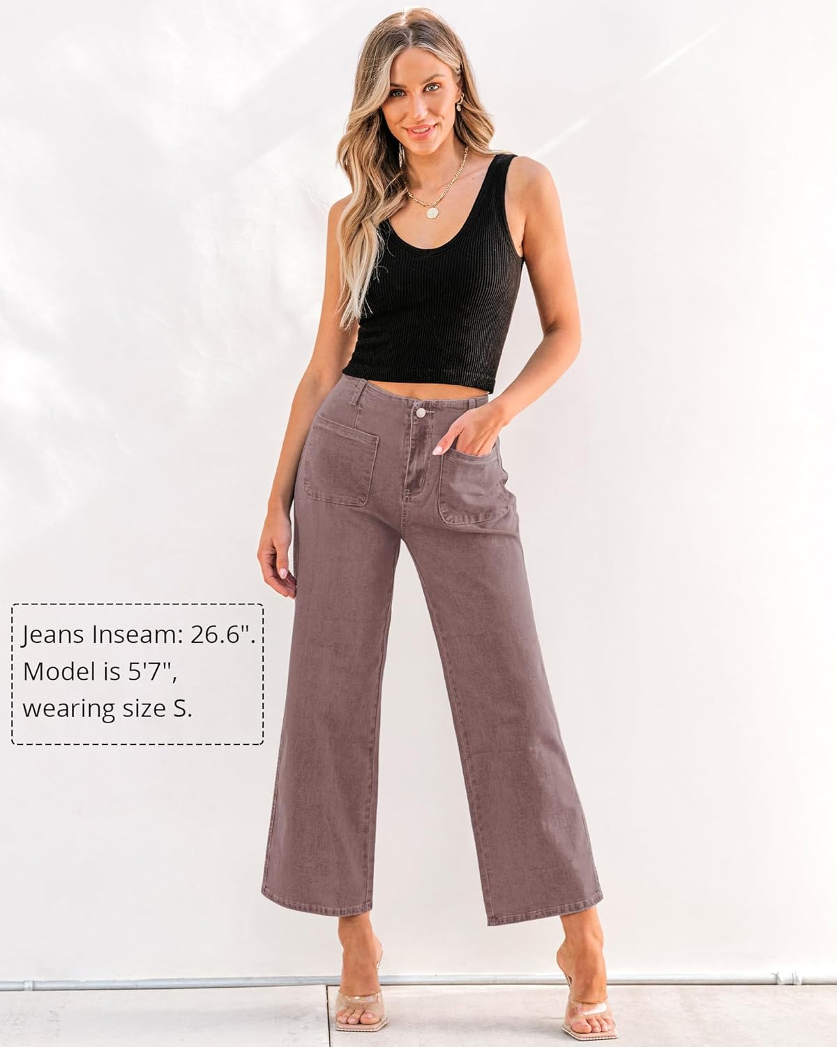 GRAPENT Wide Leg Jeans for Women High Waisted Straight Leg Stretchy Cropped Denim Pants with Pockets Jean TrousersPecan Brown