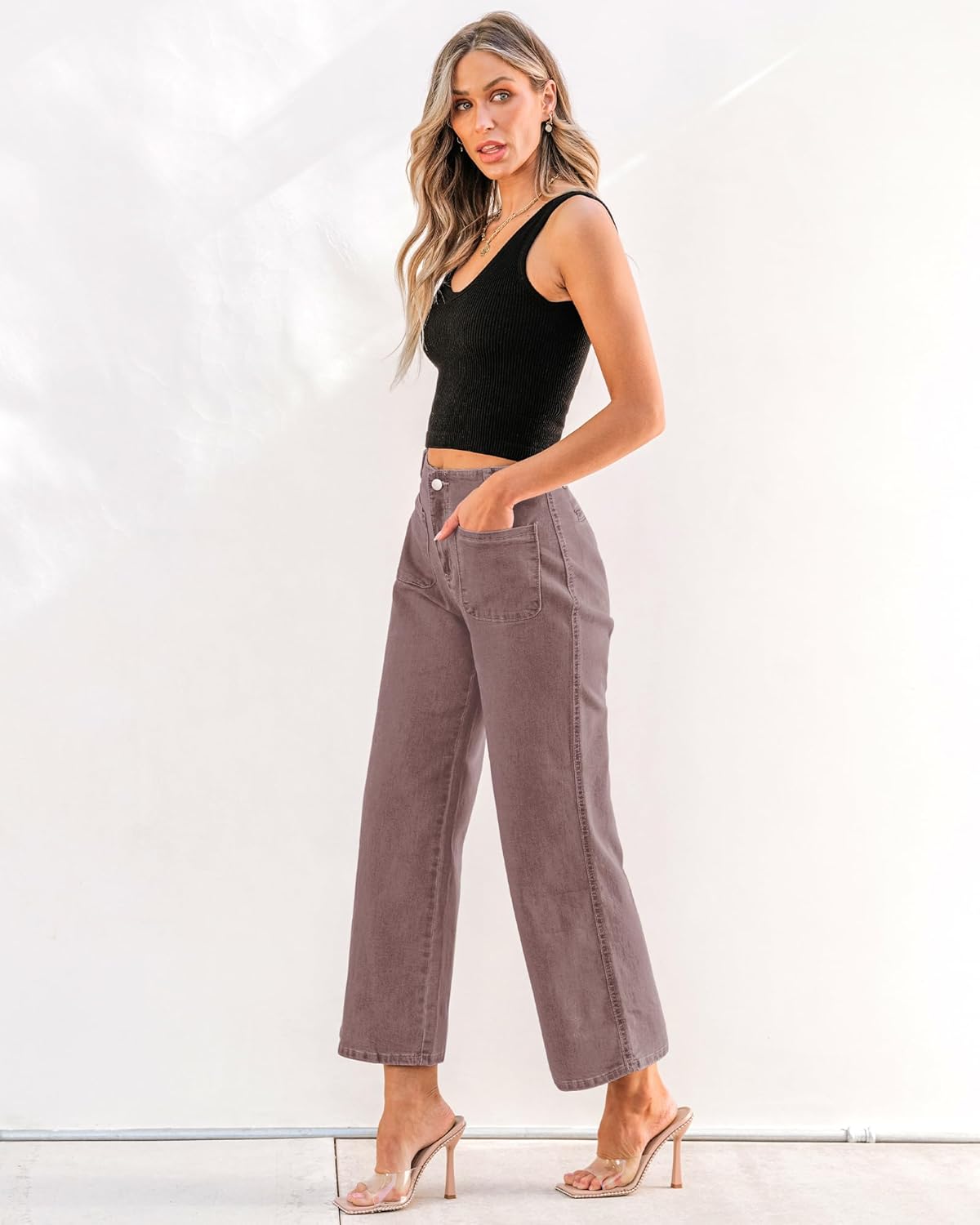 GRAPENT Wide Leg Jeans for Women High Waisted Straight Leg Stretchy Cropped Denim Pants with Pockets Jean TrousersPecan Brown