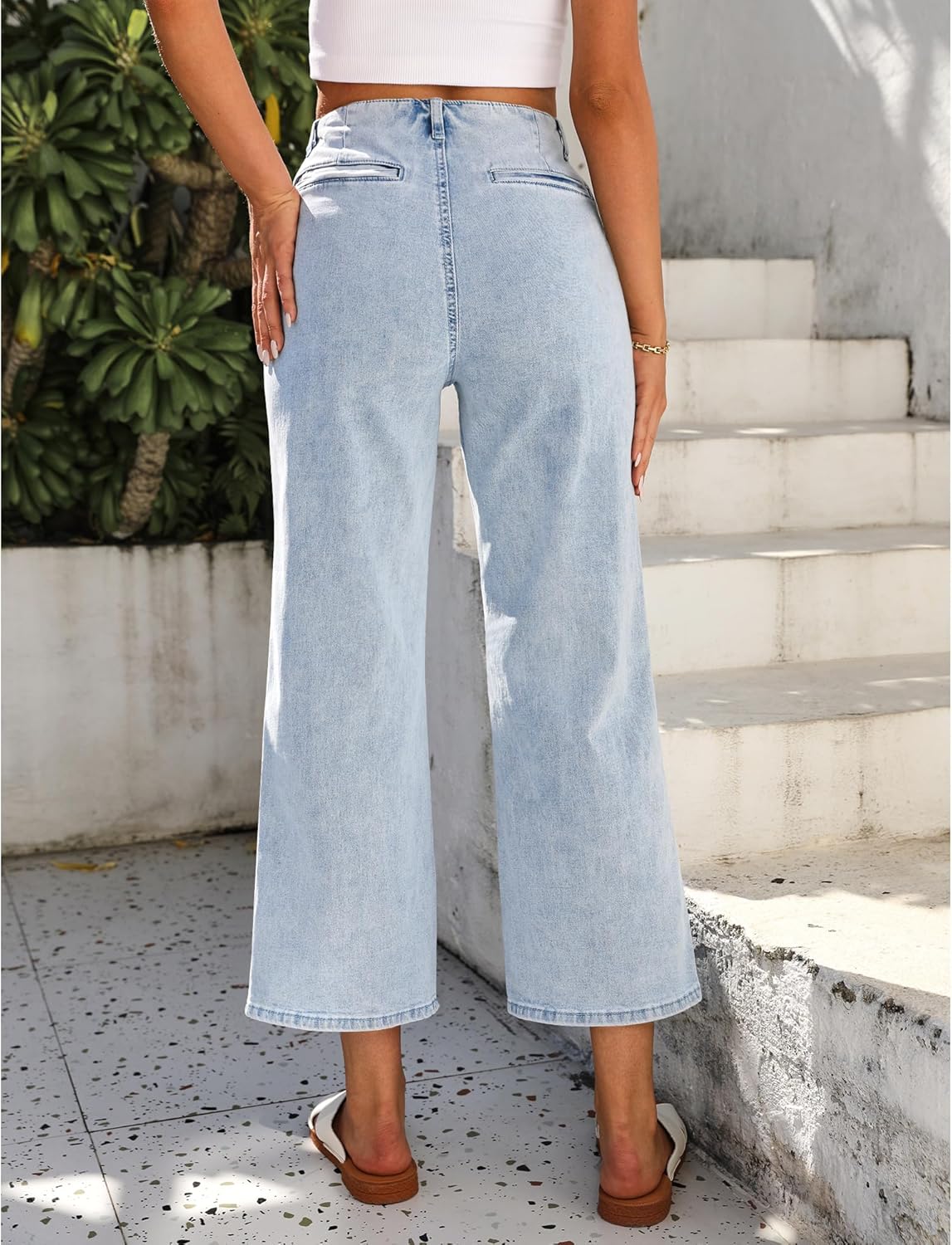 GRAPENT Wide Leg Jeans for Women High Waisted Straight Leg Stretchy Cropped Denim Pants with Pockets Jean TrousersVintage Light Wash