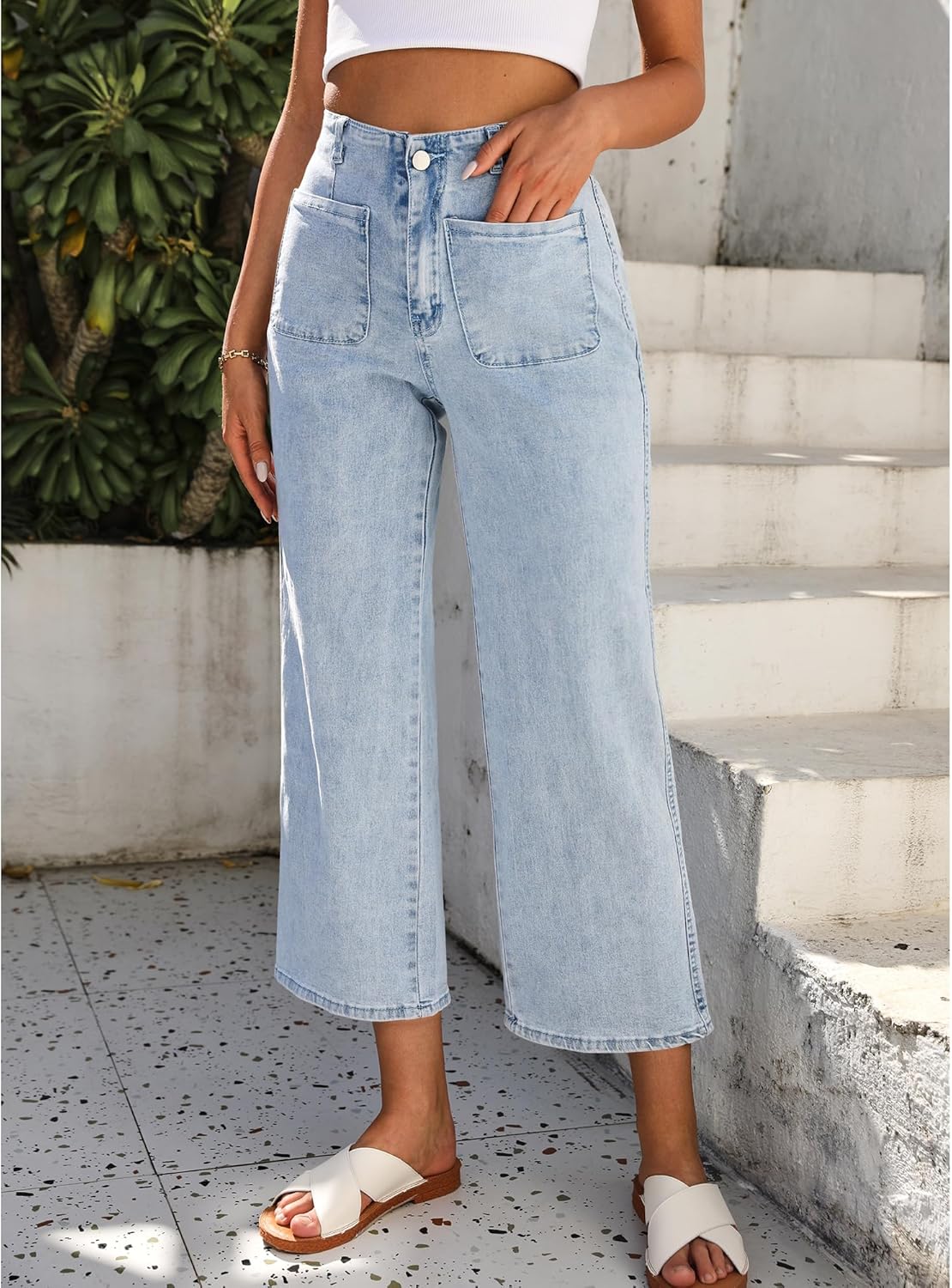 GRAPENT Wide Leg Jeans for Women High Waisted Straight Leg Stretchy Cropped Denim Pants with Pockets Jean TrousersVintage Light Wash