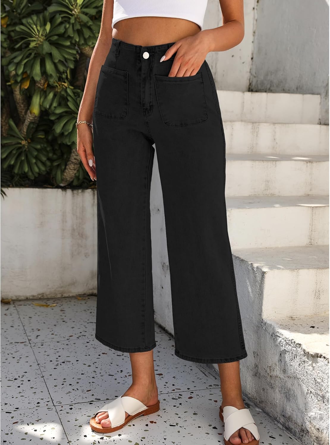 GRAPENT Wide Leg Jeans for Women High Waisted Straight Leg Stretchy Cropped Denim Pants with Pockets Jean TrousersWashed Black