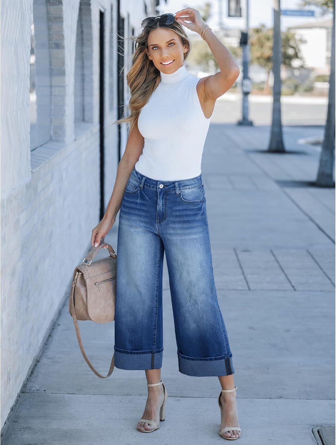 GRAPENT Wide Leg Jeans for Women High Waisted Stretchy Denim Capri Pants Fold Hem Cropped Baggy Capris Jeans with PocketClassic Blue